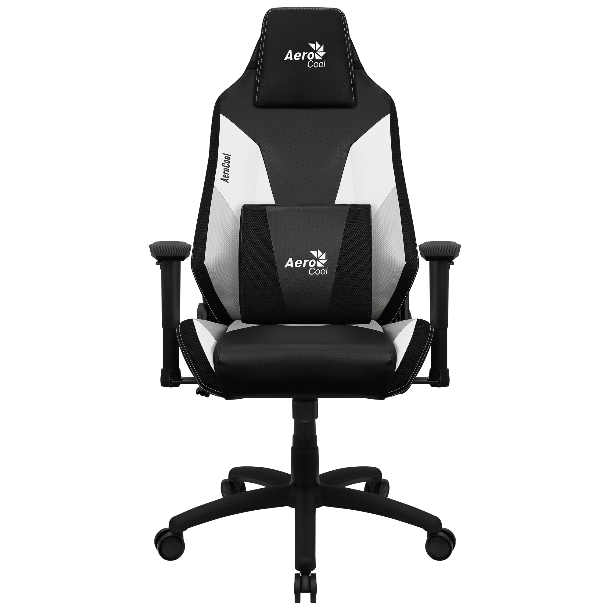Krzesło gamingowe AeroCool, czarne, białe i szare. Posiada zagłówek i podparcie lędźwiowe.
