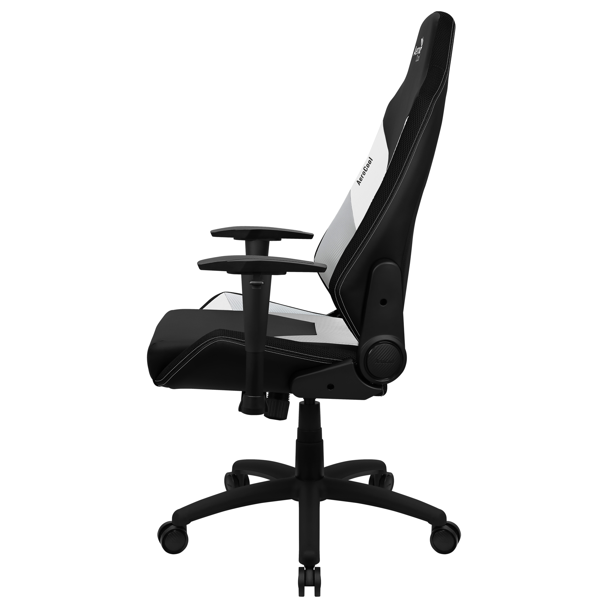 Krzesło gamingowe AeroCool, czarno-biały design. Podłokietniki, pięcioramienna podstawa, wysokie oparcie.