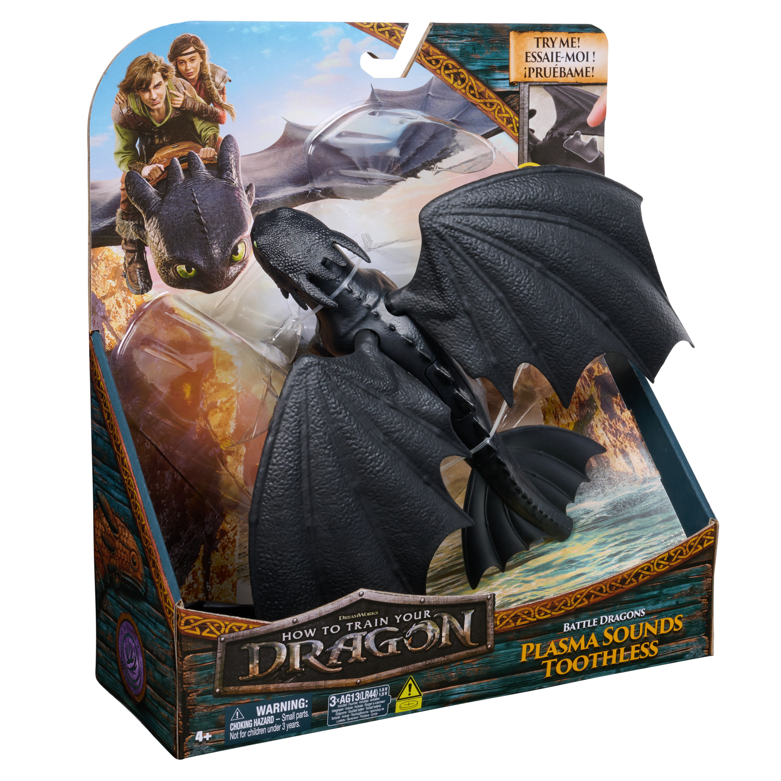 Paquete de juguete de un dragón negro con grandes alas. El arte de la caja muestra personajes y el título de la película.