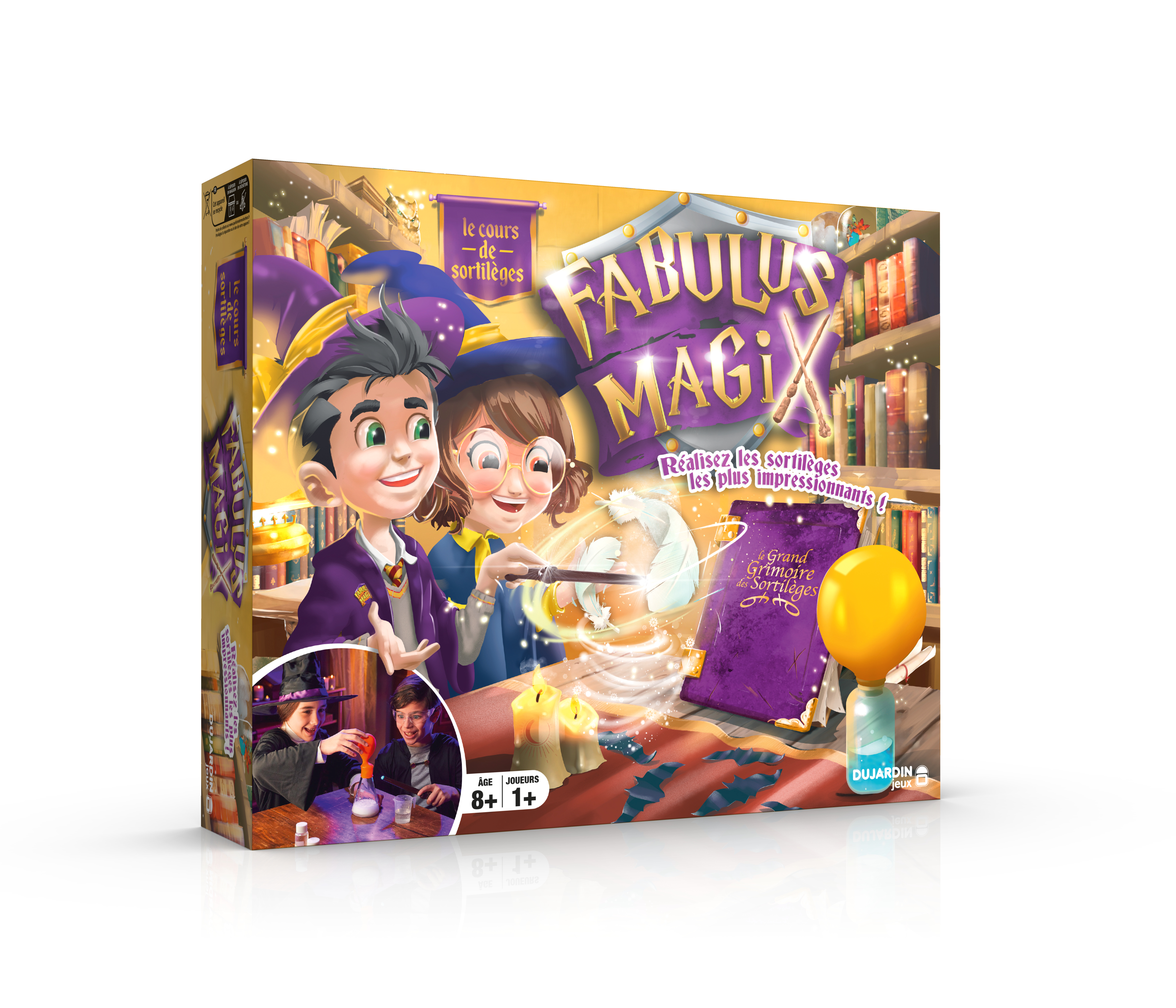 Scatola di gioco a tema mago. Presenta due bambini, titolo e immagini di incantesimi. Include un palloncino giallo.