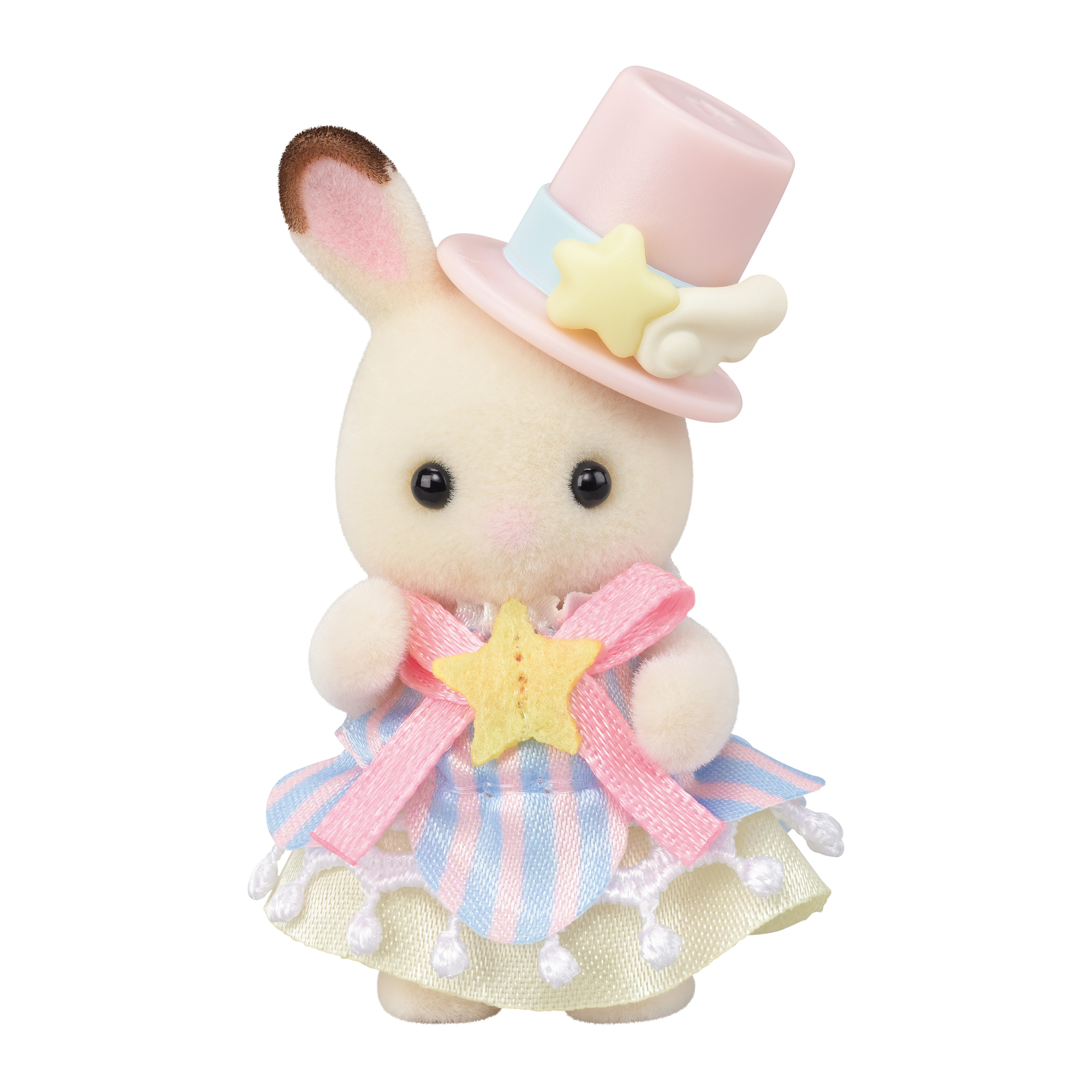 Una figura de conejo con sombrero y vestido rosa. El vestido es de rayas rosas y azules. Una estrella amarilla está en el vestido.