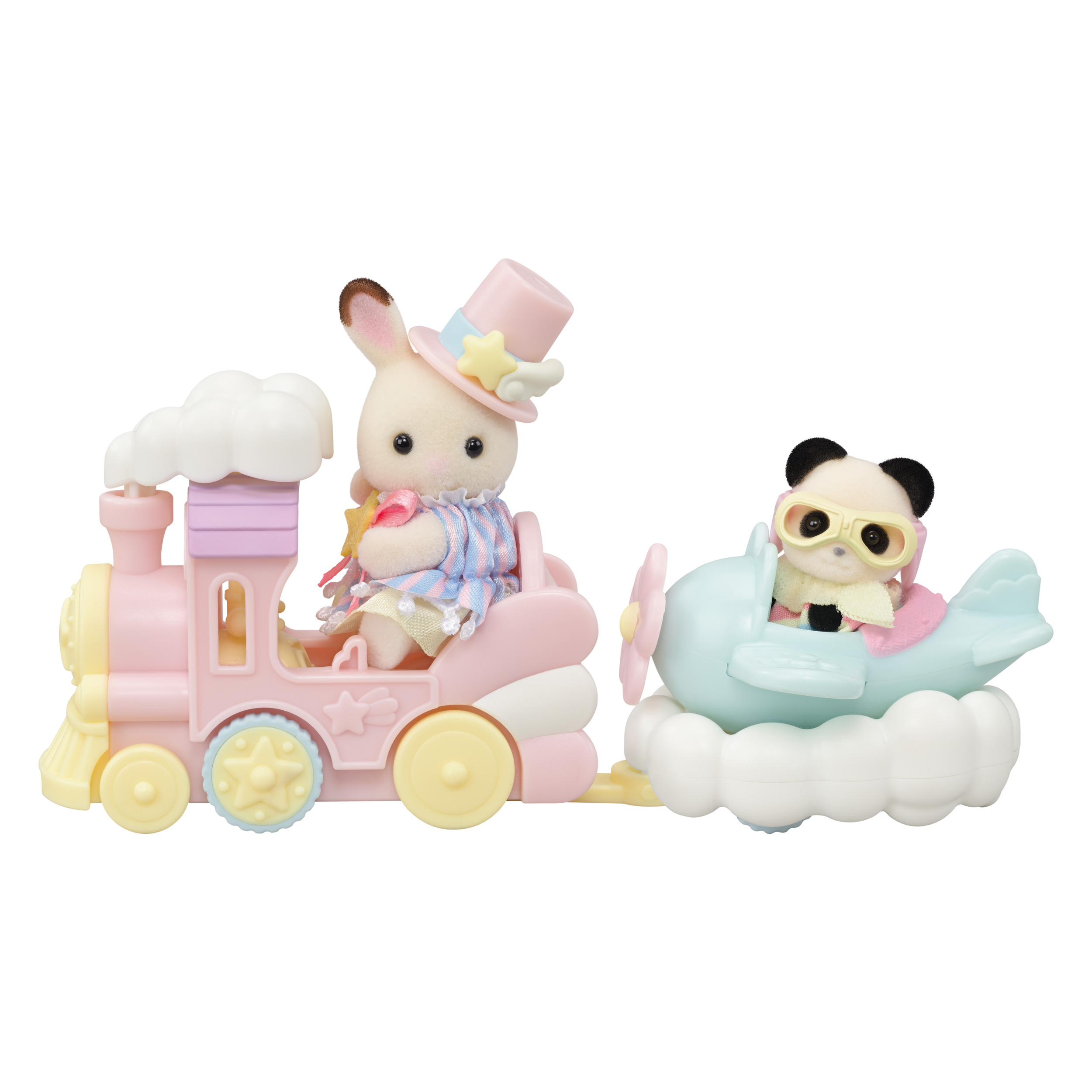 Un tren y un avión de juguete con figuras de animales. El tren tiene un conejo, el avión un panda.