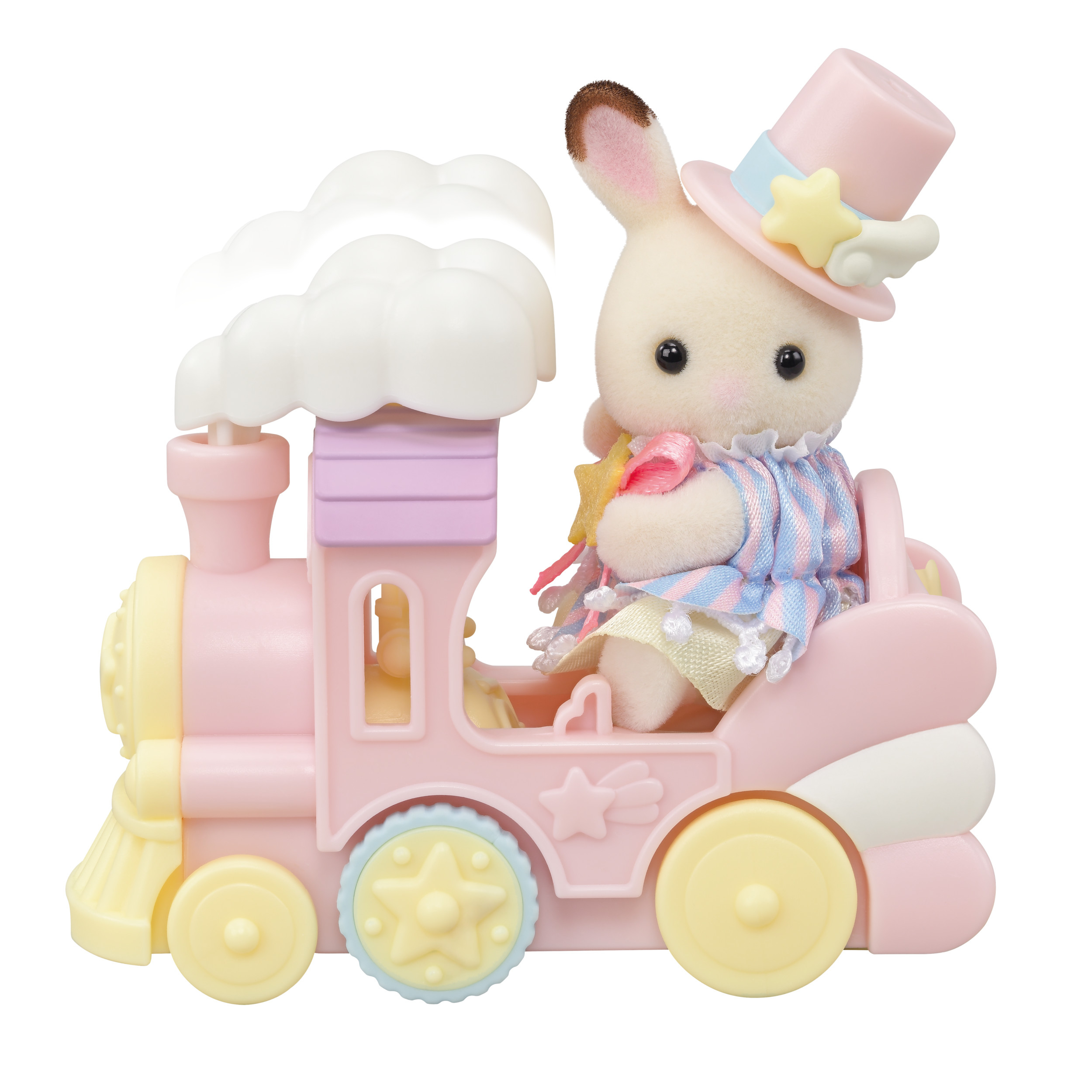Un conejito de juguete con sombrero viaja en un tren rosa. El tren tiene ruedas amarillas y una nube blanca.