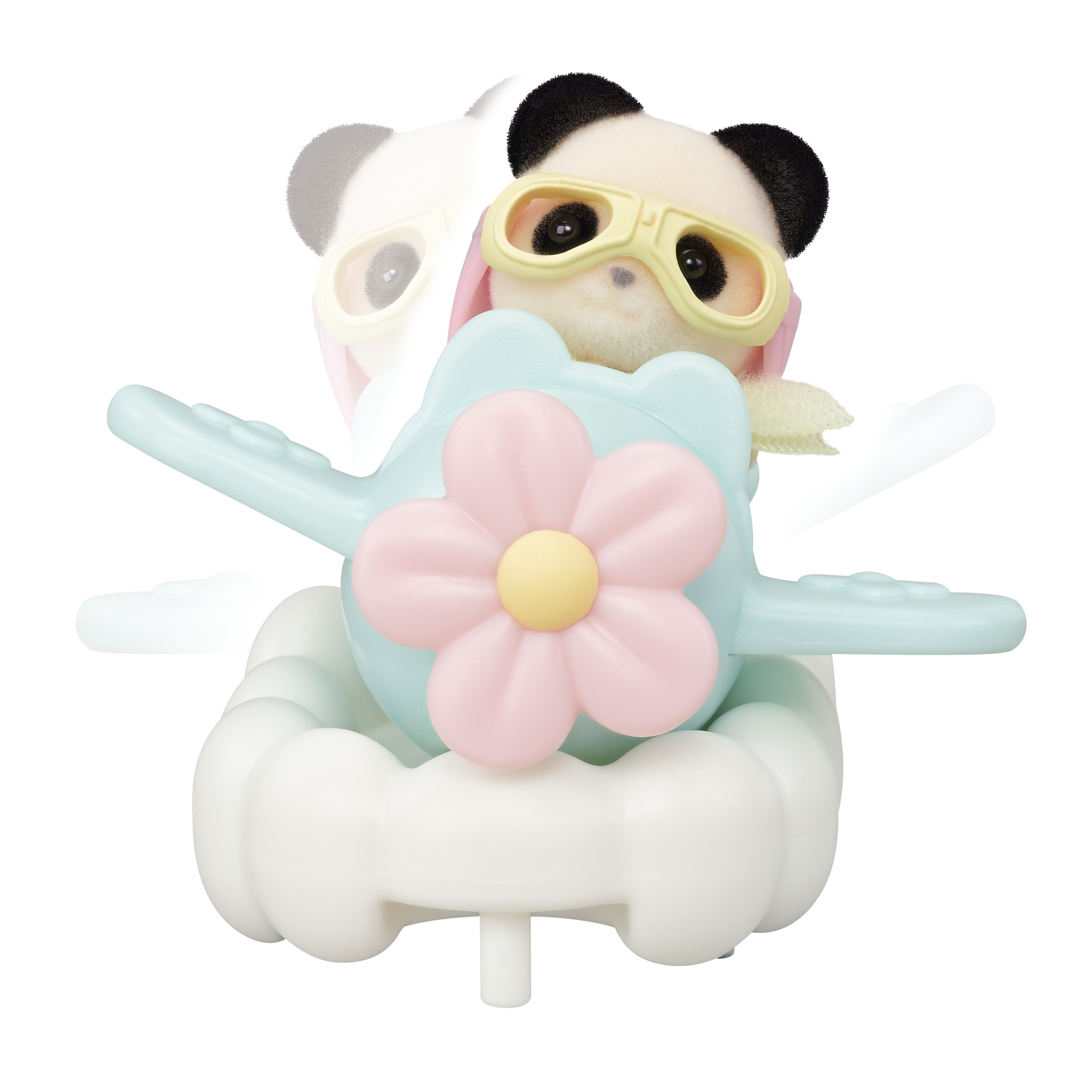 Un juguete de panda con gafas vuela un avión con forma de flor sobre una nube. El panda tiene cara blanca con orejas negras.