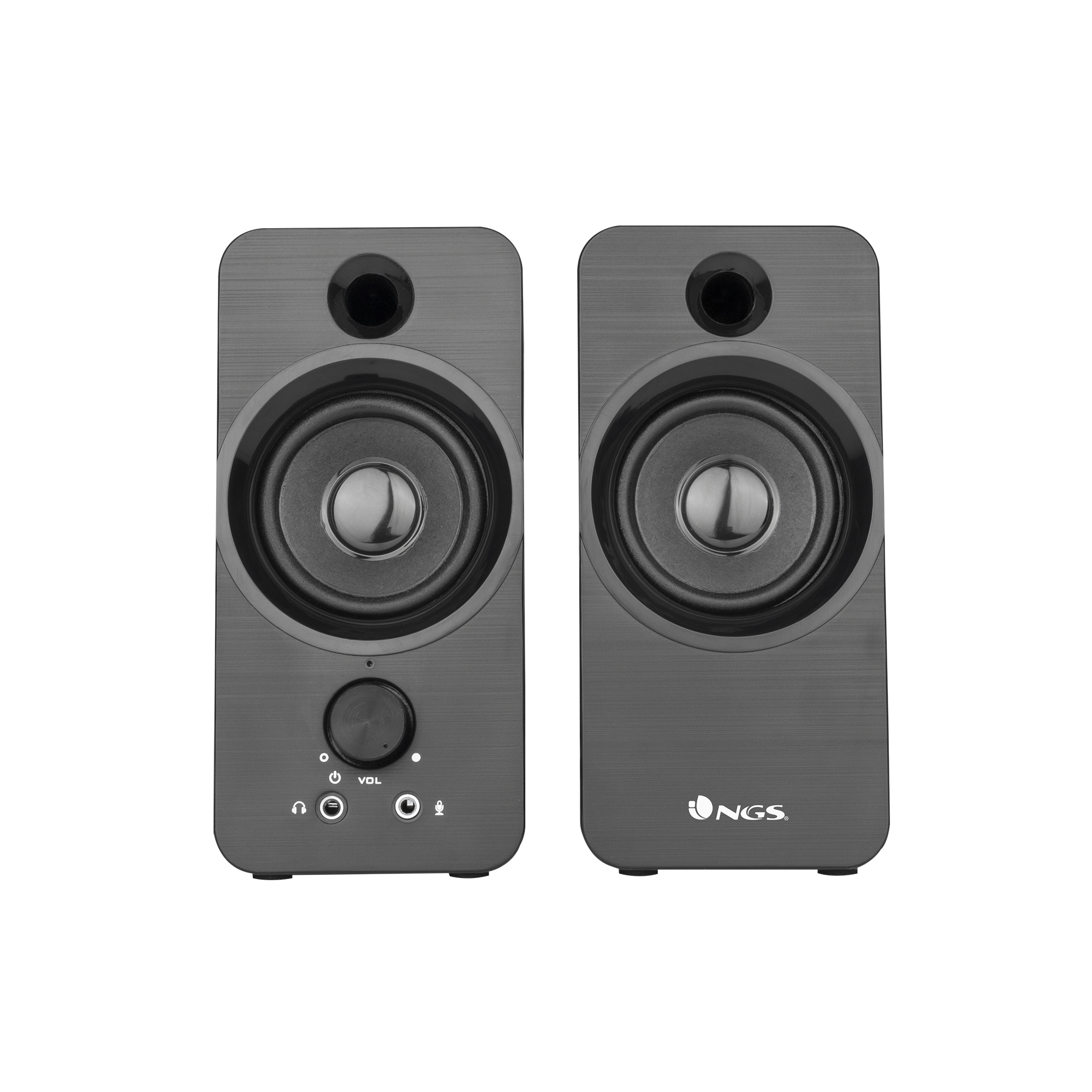 Dos altavoces NGS grises, uno con controles de volumen, aislados sobre un fondo blanco.