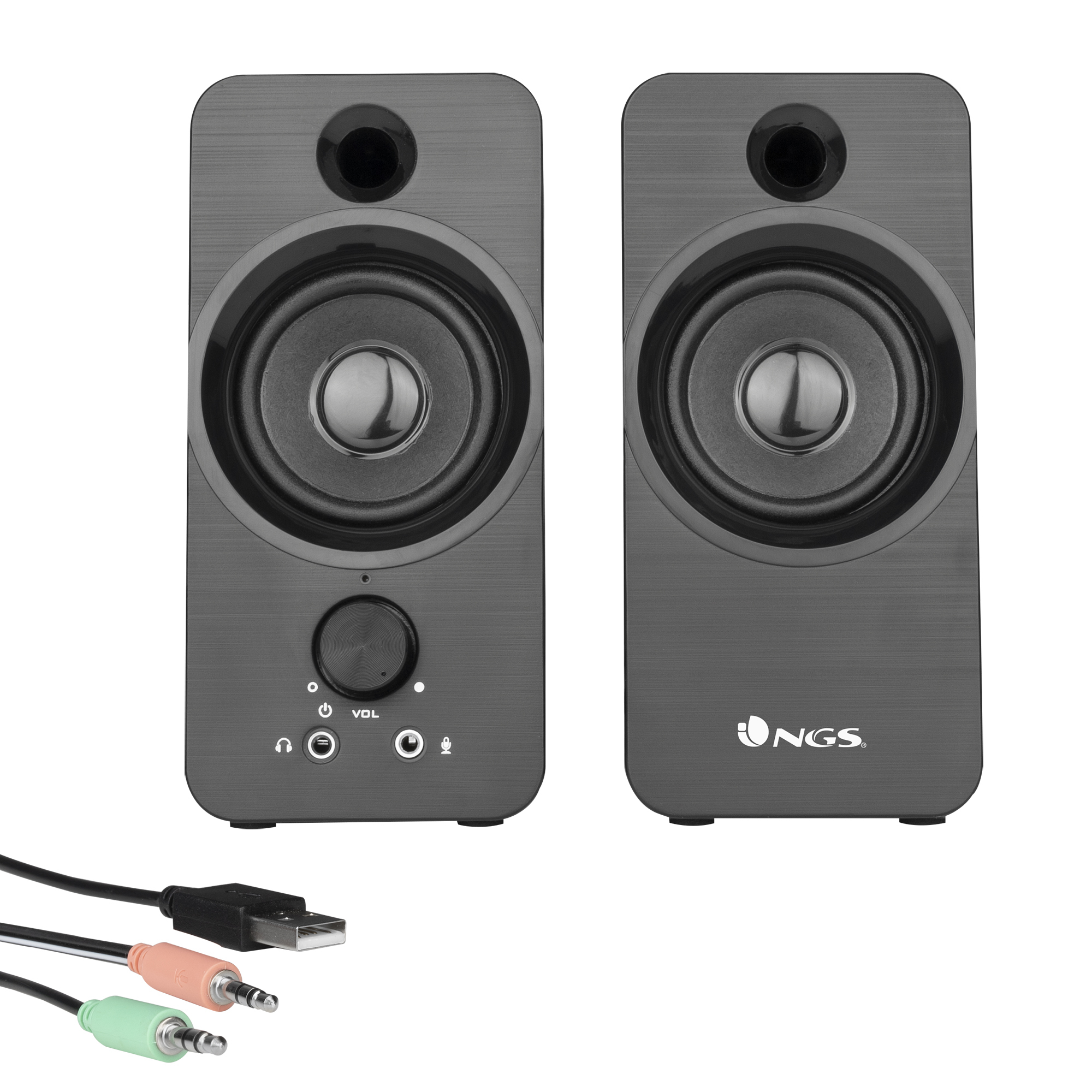 Par de altavoces de ordenador negros con control de volumen, entradas y cables. Incluye USB y conectores de audio.
