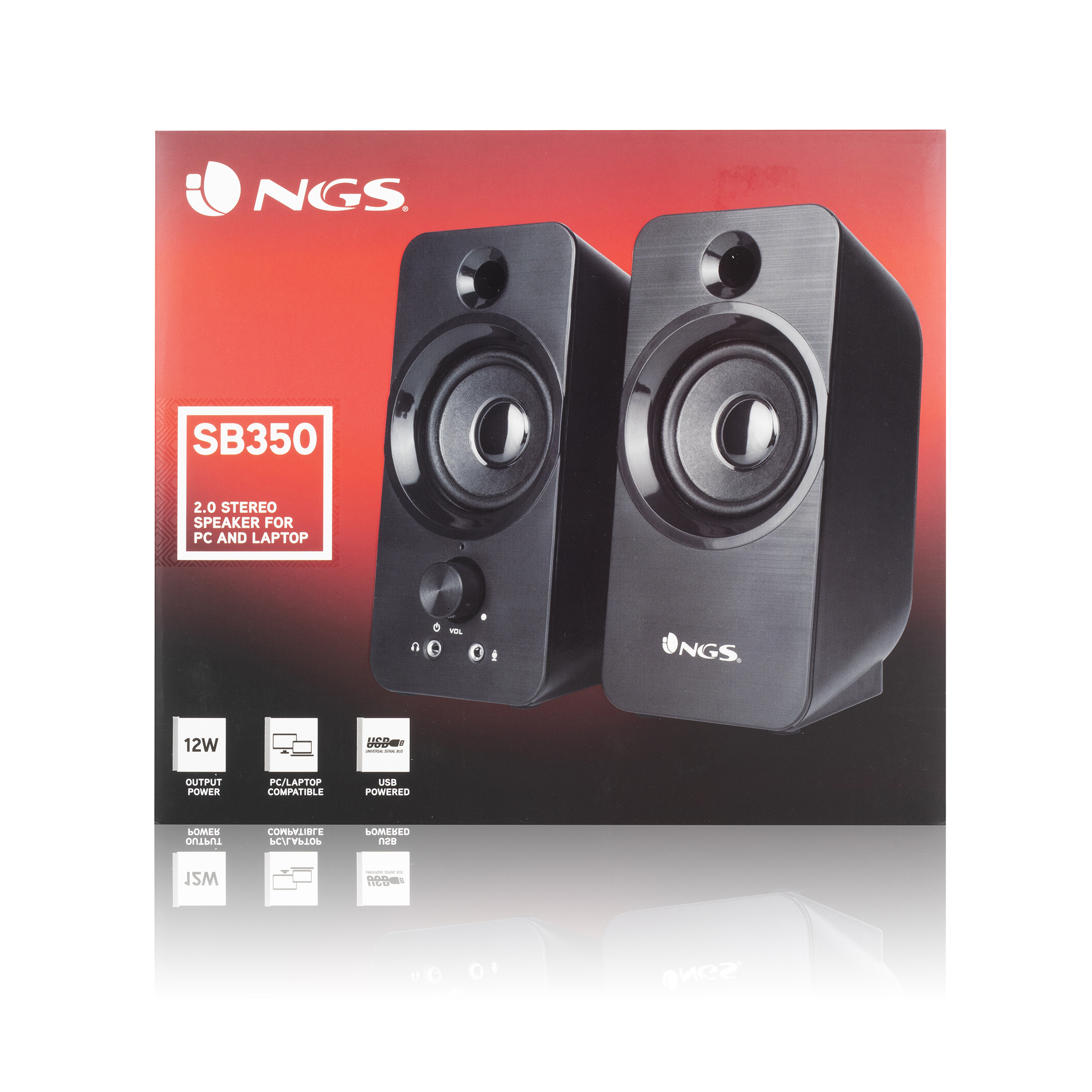 Dos altavoces negros NGS SB350 sobre un fondo rojo y negro. Los altavoces son para PC y portátil.