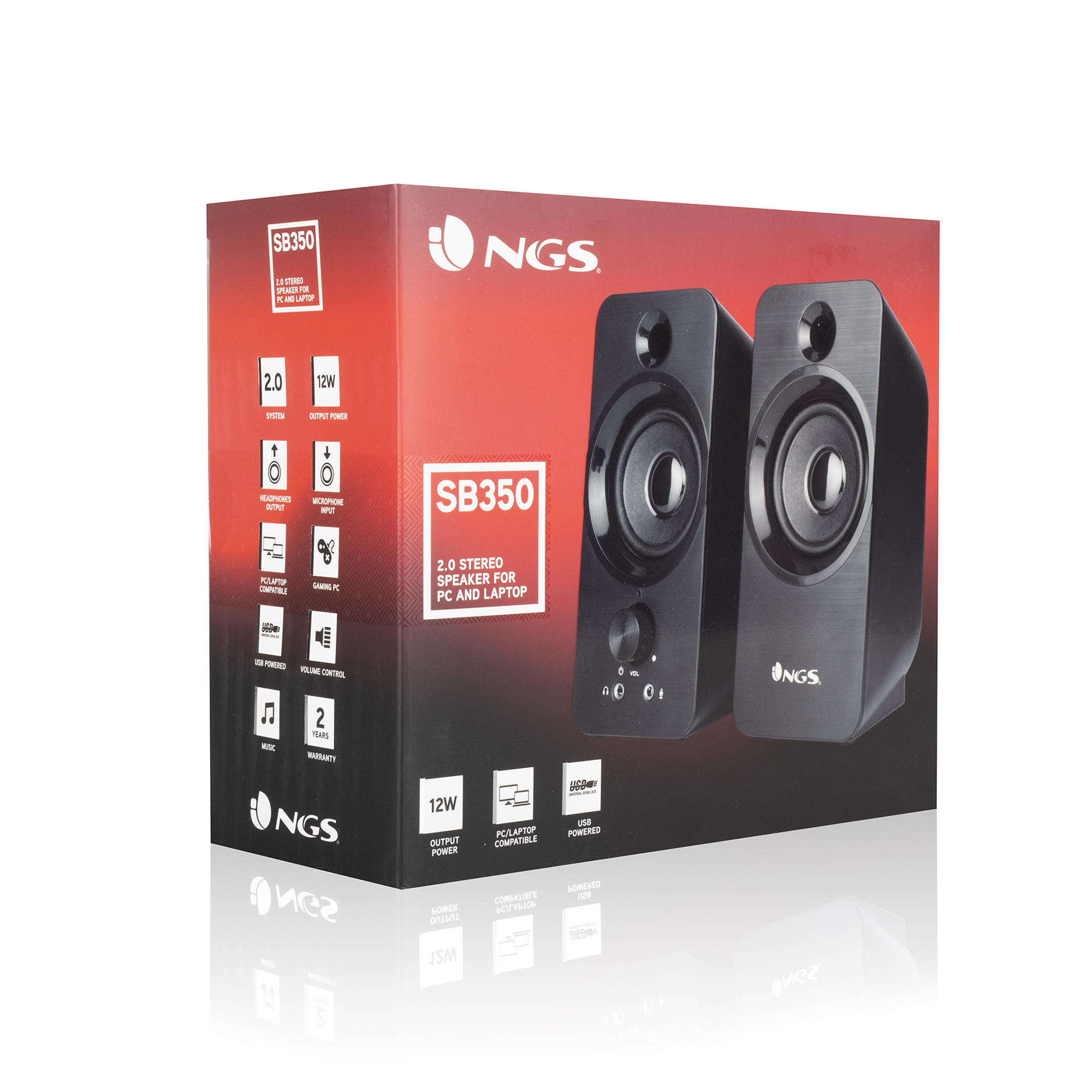 Un juego de altavoces estéreo NGS SB350 2.0 en su embalaje, apto para PC y portátiles.