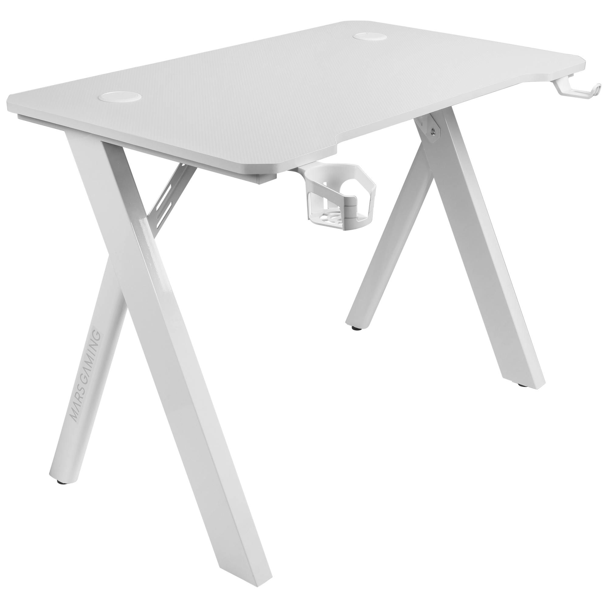 Escritorio gaming blanco con patas en X, portavasos y gancho para auriculares. Cuenta con superficie texturizada y MARS GAMING.