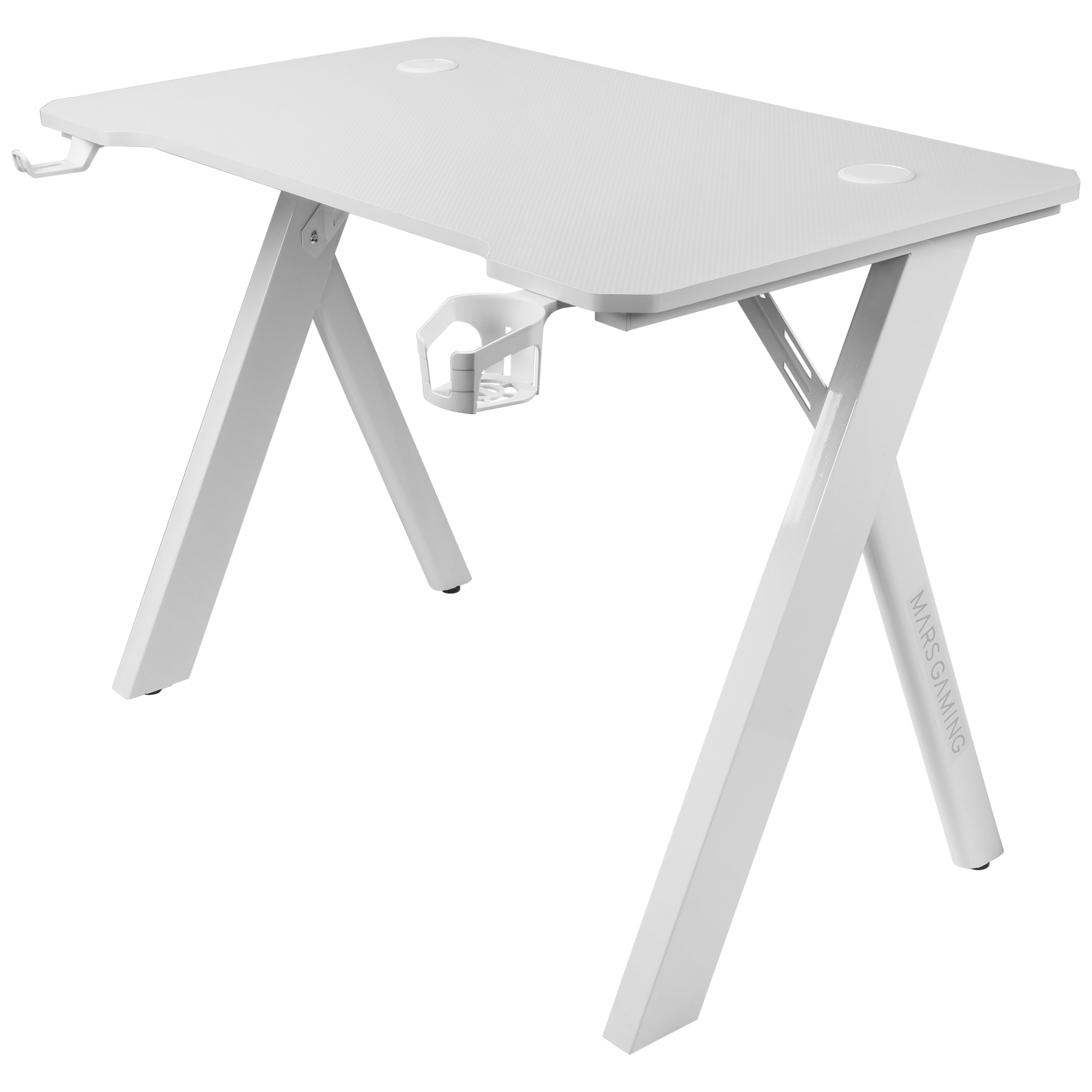 Escritorio gaming blanco con patas en forma de X, portavasos y gancho para auriculares. La superficie tiene un patrón.