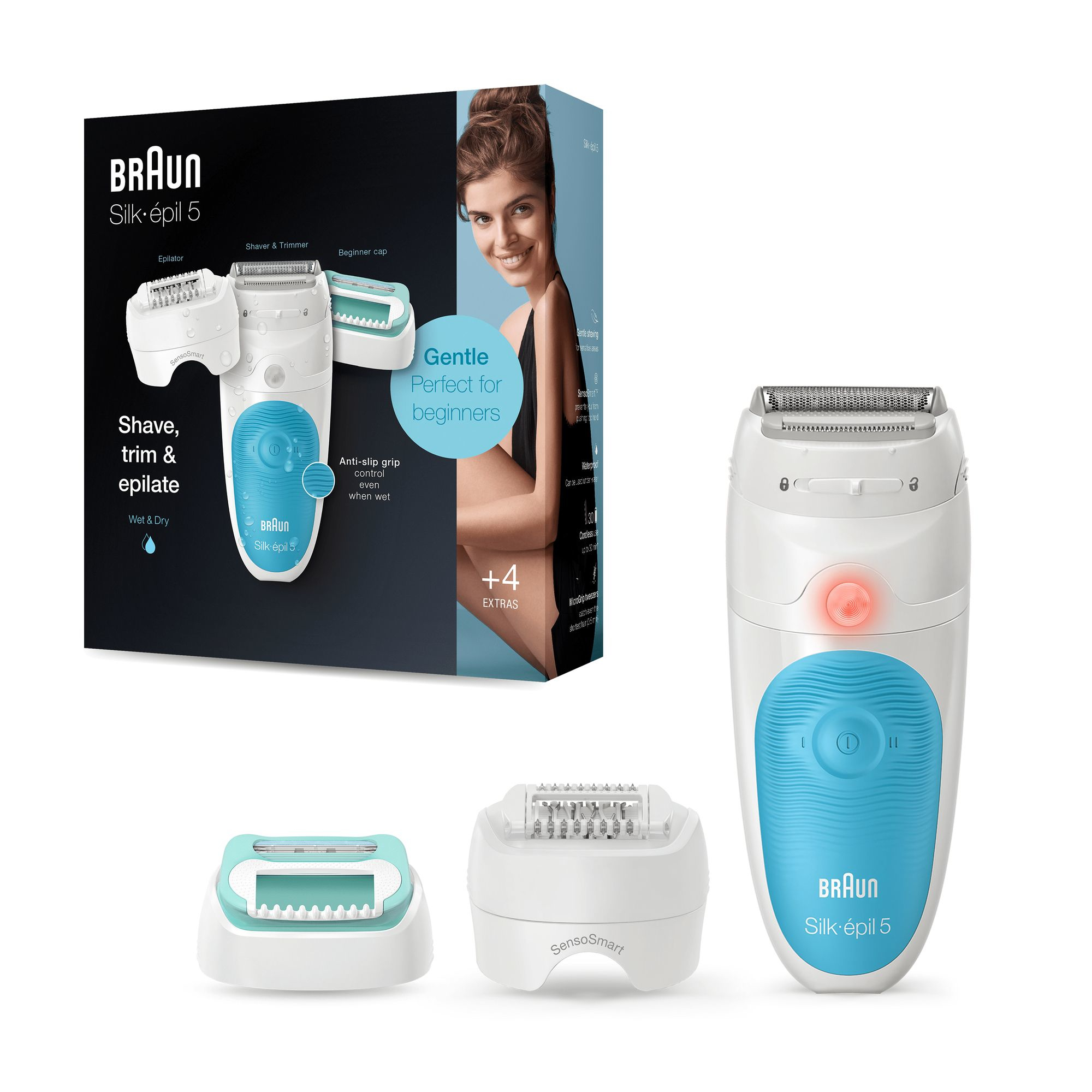L'immagine mostra un epilatore Braun Silk-épil 5 con accessori. Una donna sorride sulla scatola. Il prodotto è bianco e blu.