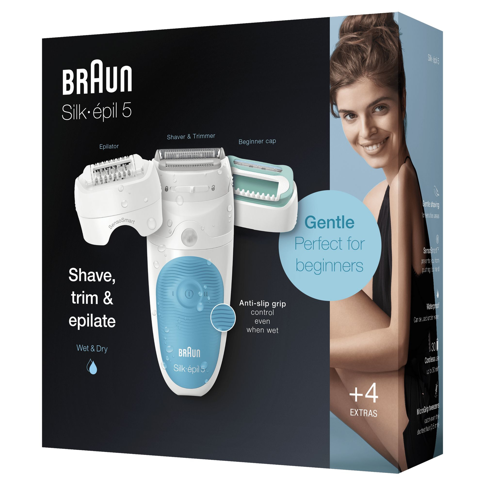 L'immagine mostra l'epilatore Braun Silk-épil 5. Presenta epilatore, rasoio, rifinitore e cappuccio per principianti. Una donna sorride.