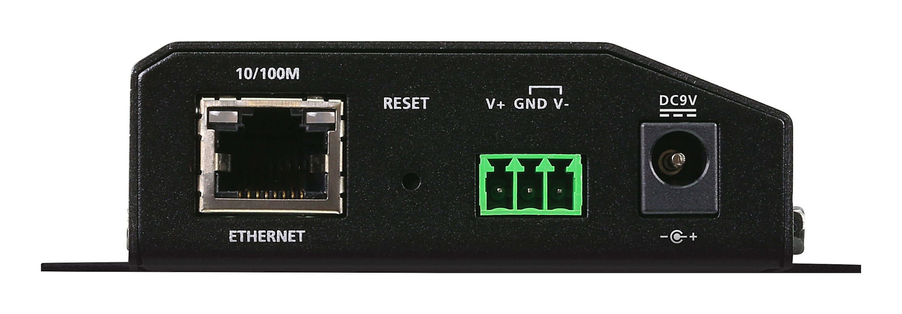 Appareil noir avec port Ethernet, bouton de réinitialisation, bornier vert et entrée d'alimentation DC9V. Étiquettes : 10/100M, Ethernet.