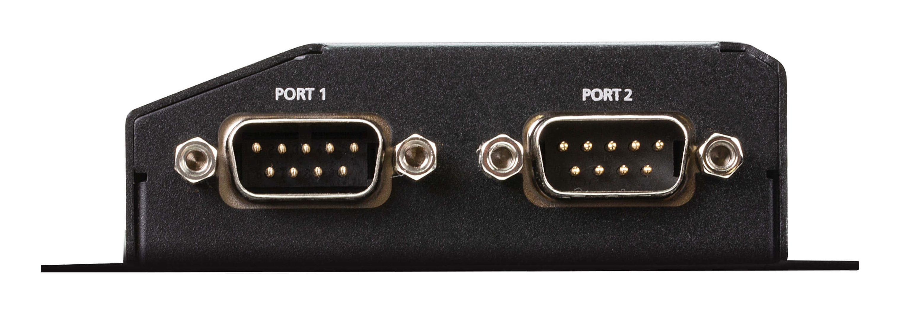 Appareil noir avec deux ports étiquetés 'PORT 1' et 'PORT 2'. Chaque port a des broches et des vis de montage.