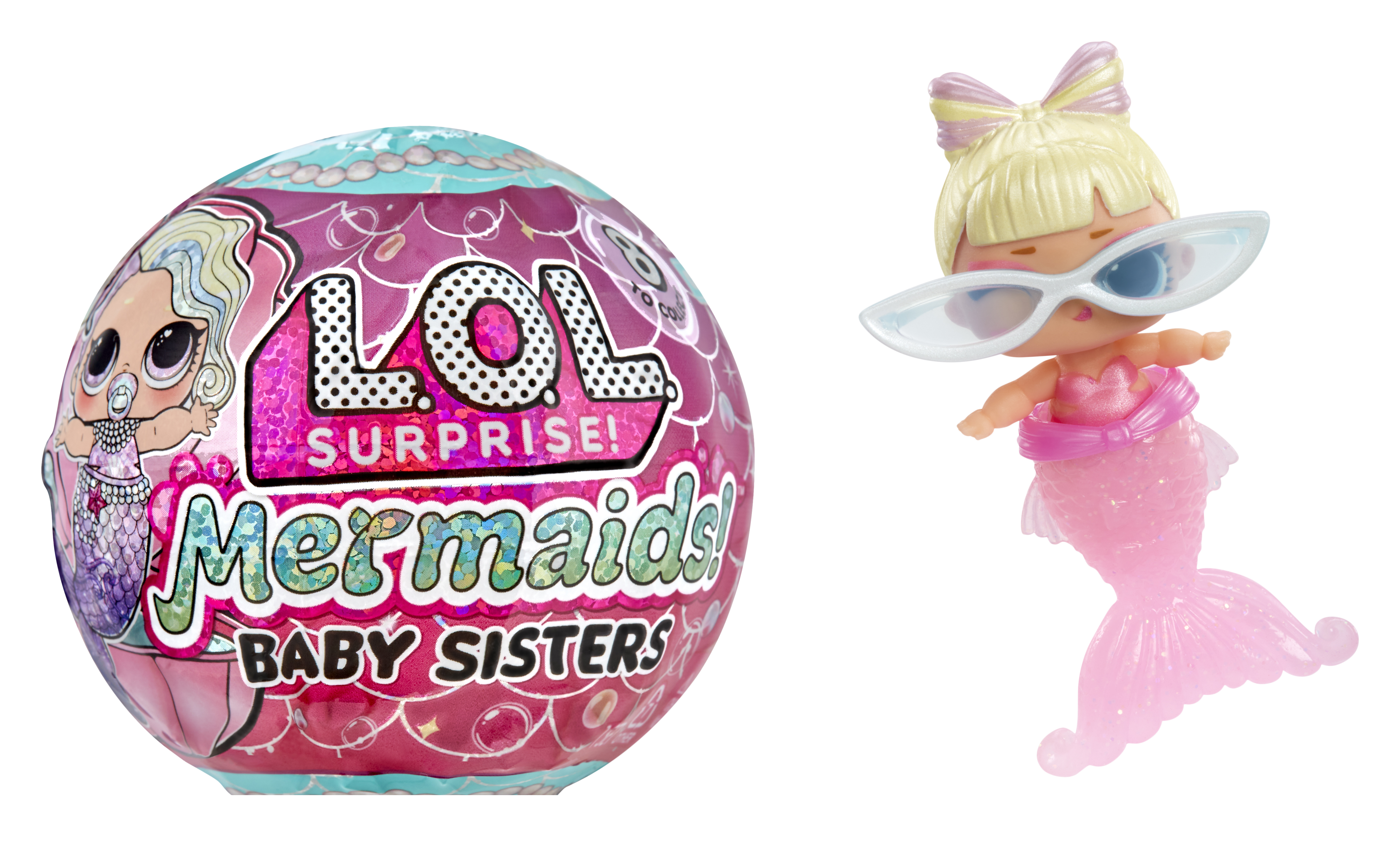 Różowa kula LOL Surprise i lalka syrenka w okularach przeciwsłonecznych. Na kuli napis 'Mermaids! Baby Sisters'. Lalka ma różowy ogon.