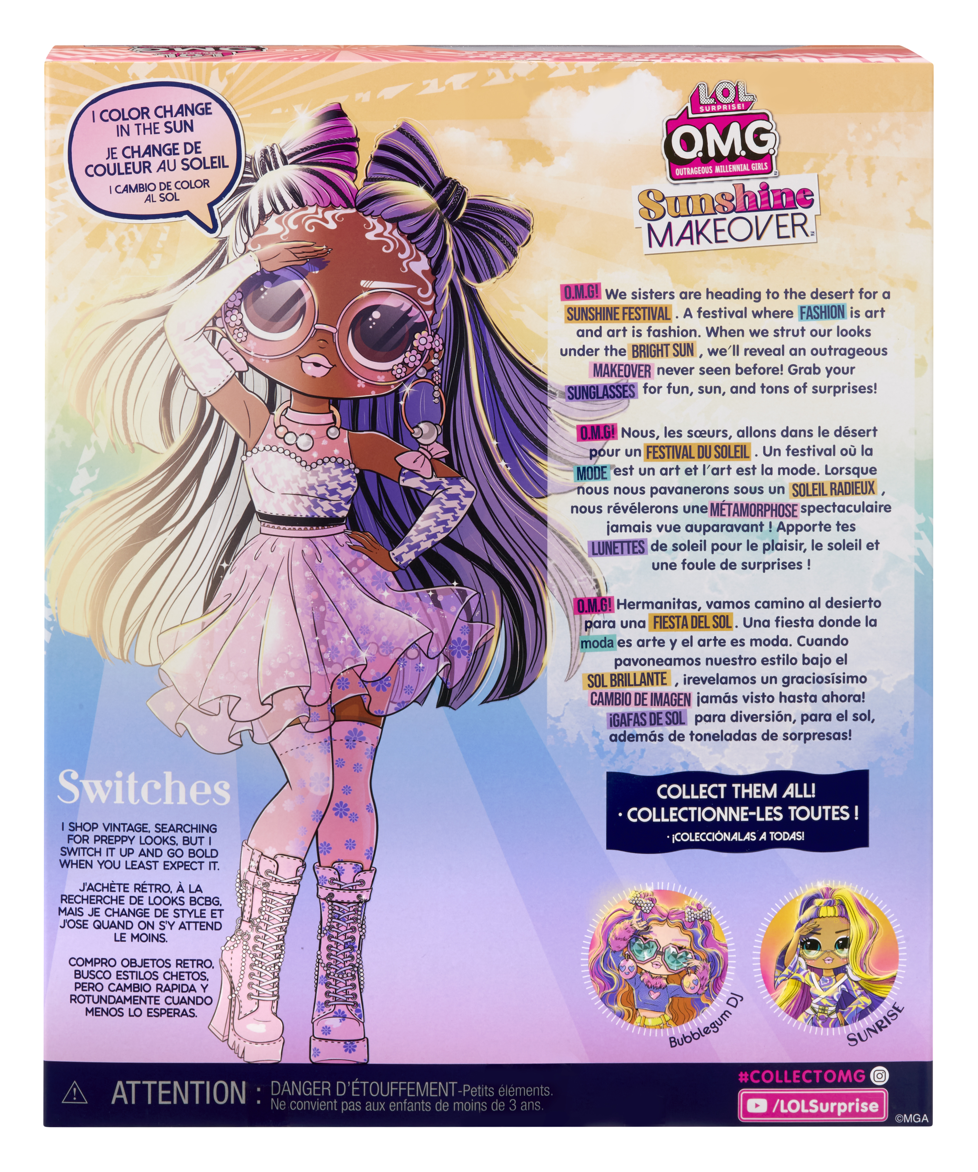 Obrazek przedstawia pudełko LOL Surprise. Z przodu znajduje się lalka w okularach przeciwsłonecznych i długich włosach. Tekst jest wielojęzyczny.