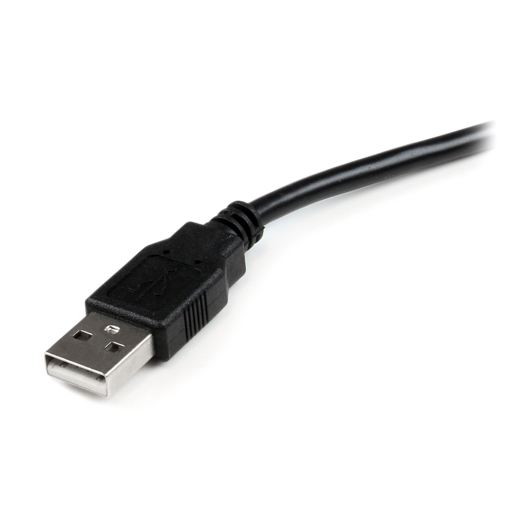 Ein schwarzes USB-Kabel auf weißem Hintergrund. Der USB-Anschluss befindet sich unten, das Kabel verläuft diagonal.