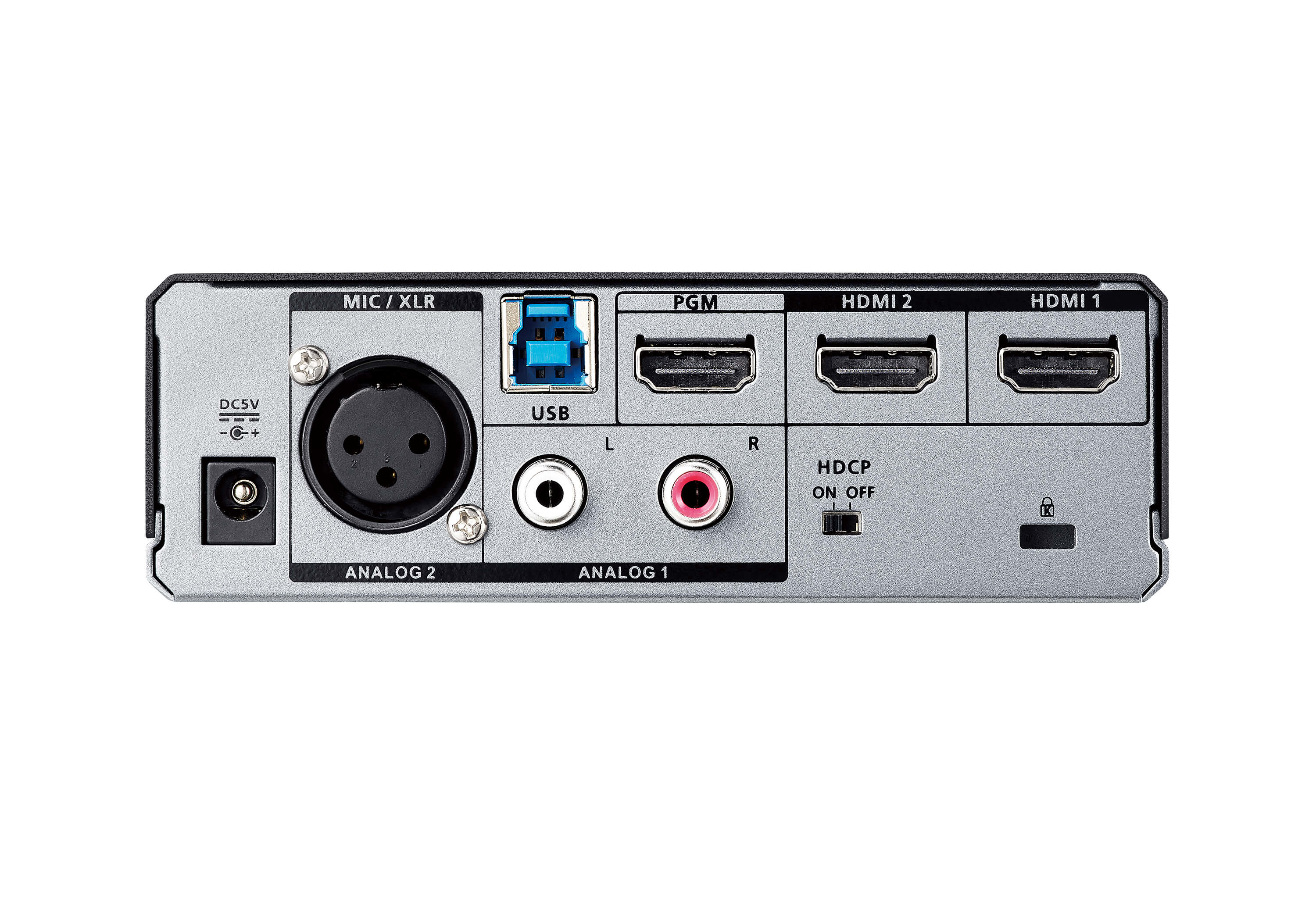 Rückseite eines silbernen Geräts mit Anschlüssen: XLR, USB, HDMI, Strom. Beschriftungen: MIC, HDMI1, HDMI2, Analog, HDCP.