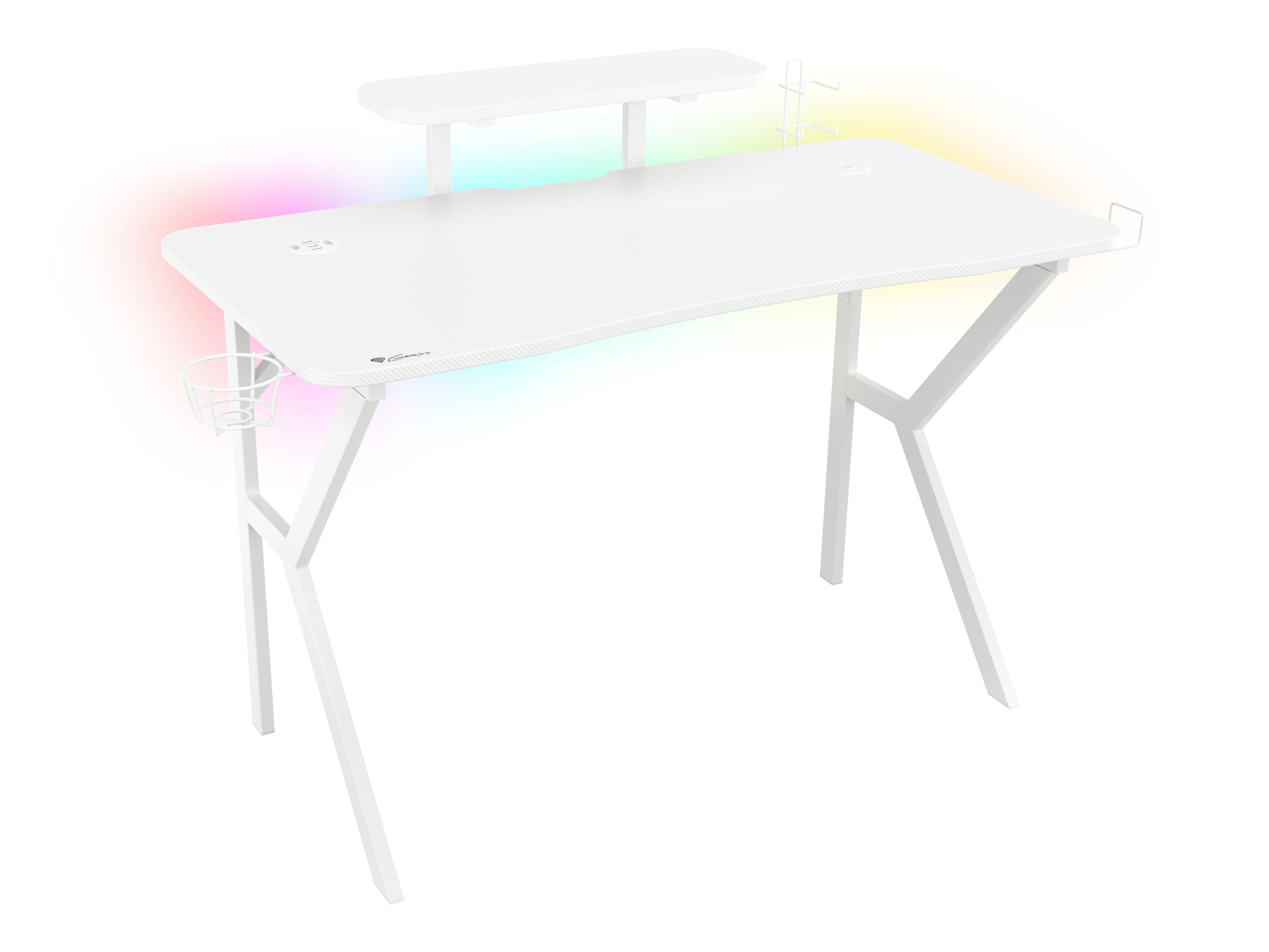 Witte gamingtafel met een bovenste plank, bekerhouder en RGB-verlichting. De poten zijn wit en de tafel is schoon.