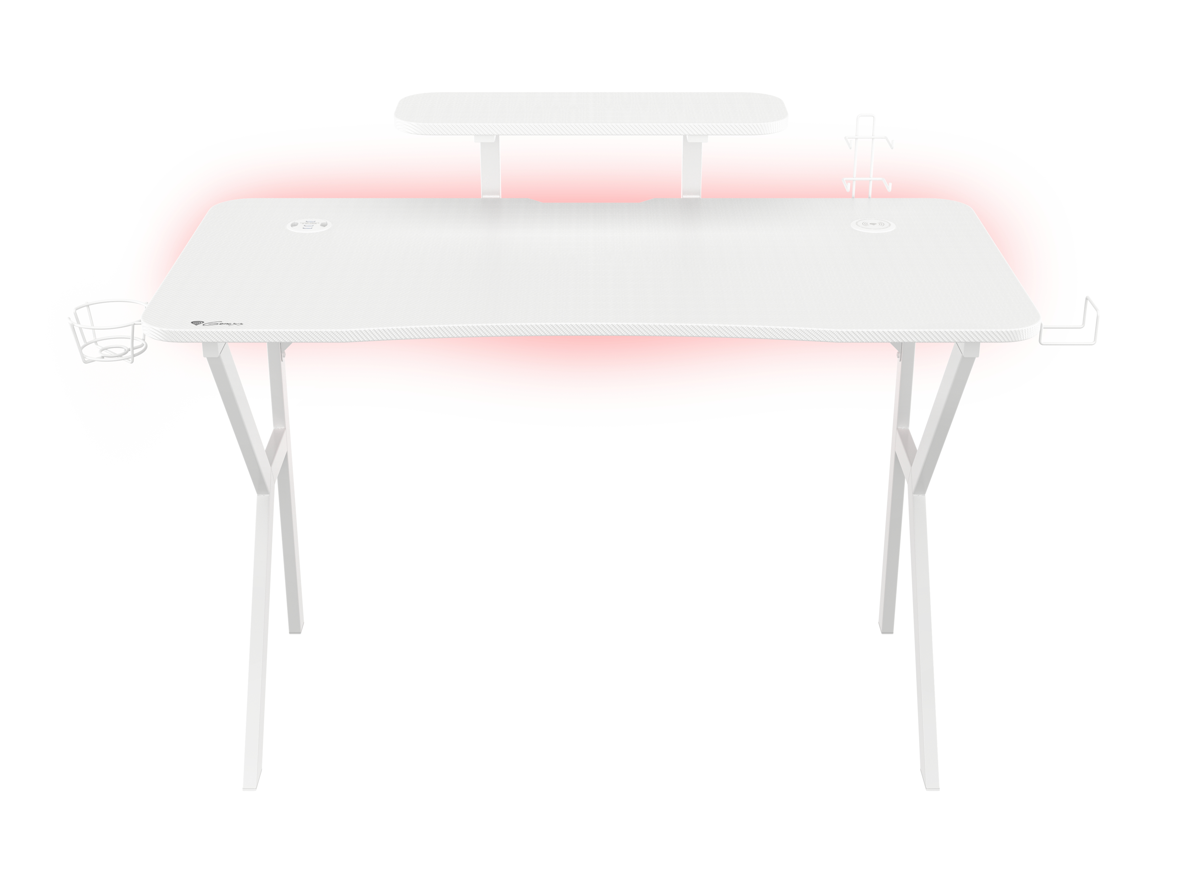 Een witte gamingtafel met een plank en accessoires. Het heeft een rode LED-strip.
