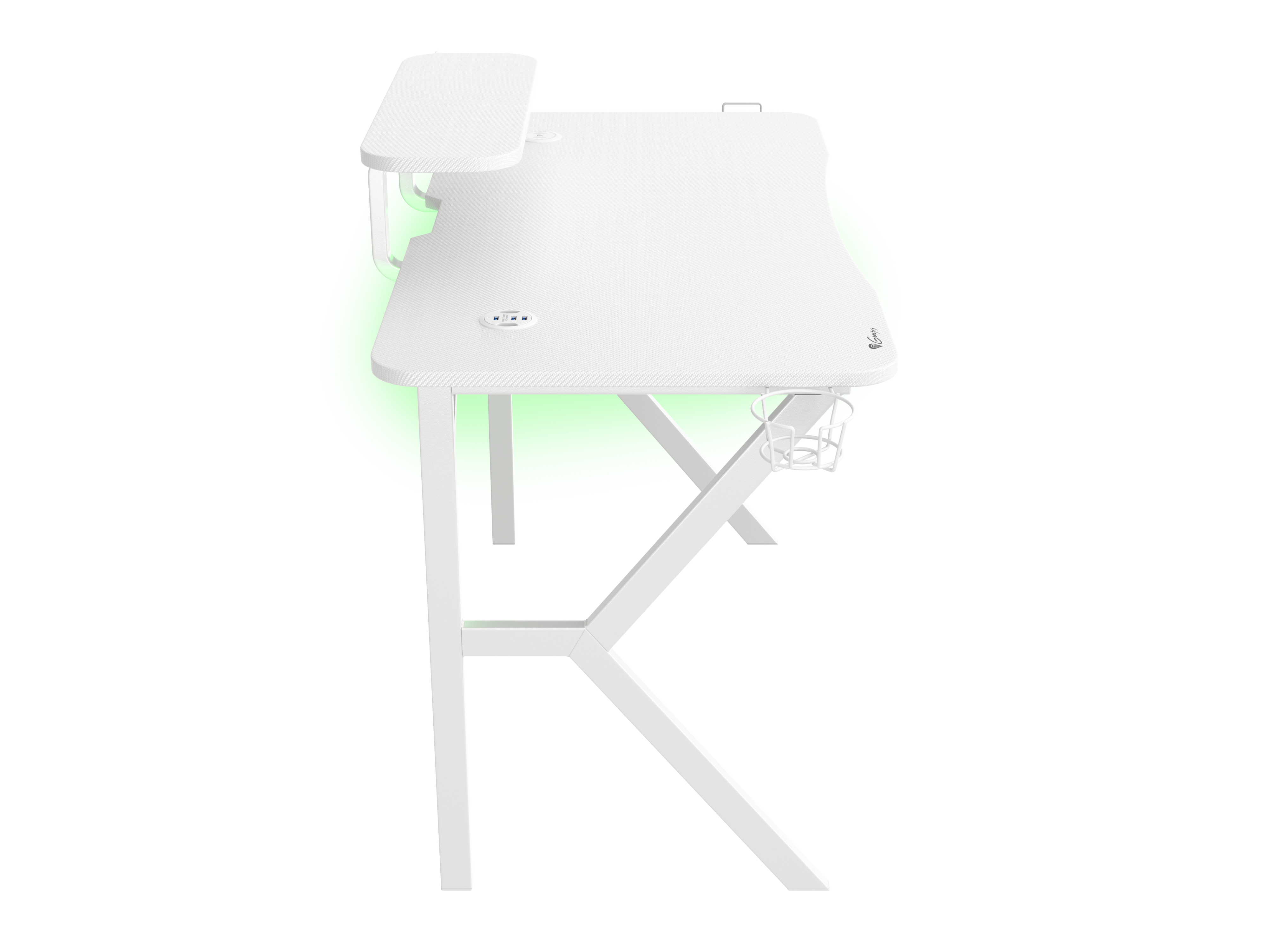 Witte gamingtafel met armleuning, bekerhouder en LED-verlichting. De tafel heeft een unieke vorm en een kabelmanagement systeem.