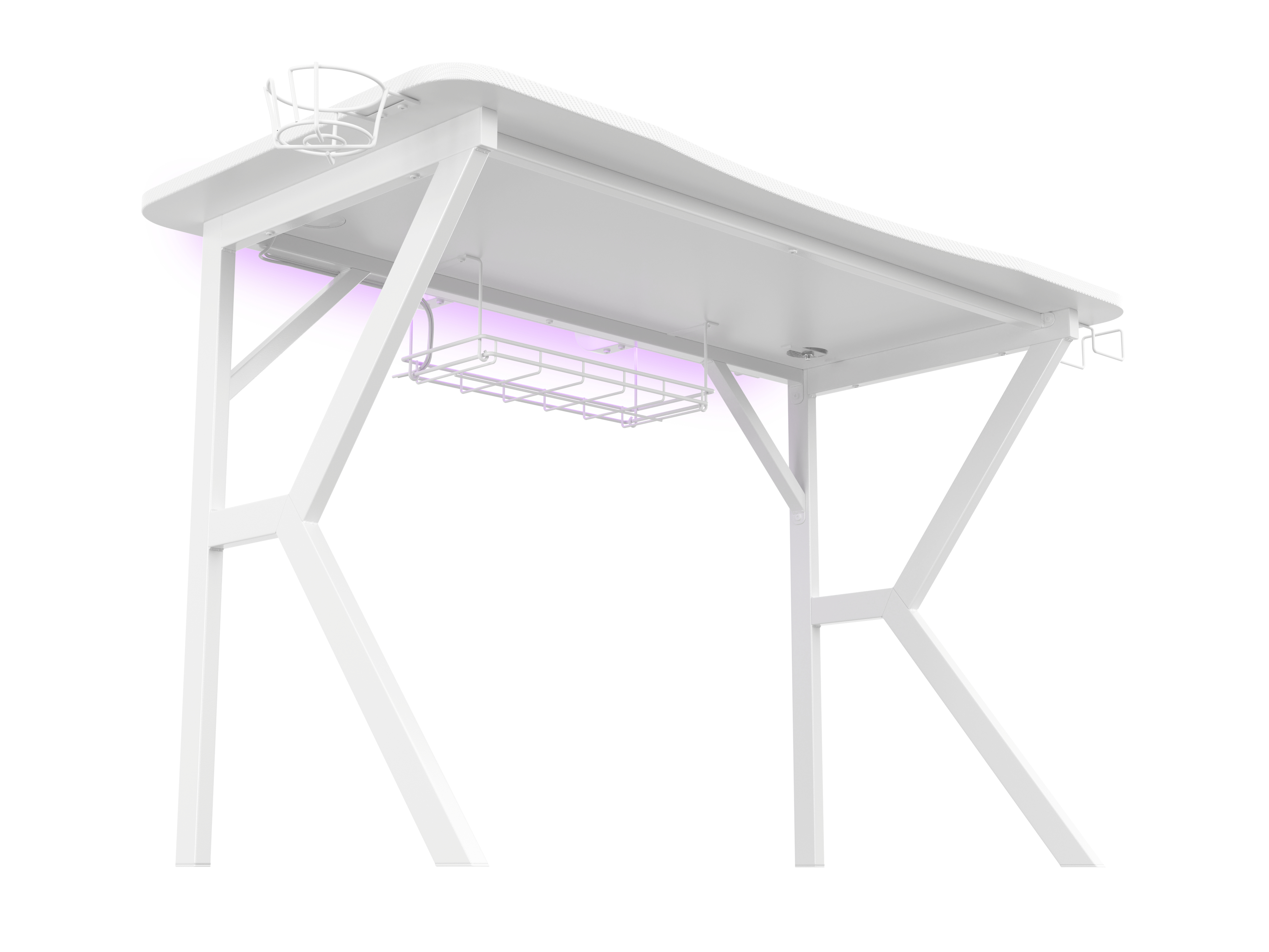 Witte gamingtafel met bekerhouder en kabelorganizer. Paars licht schijnt eronder. Schuine poten.