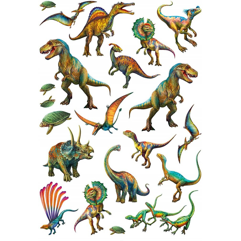Una collezione di illustrazioni di dinosauri colorati, tra cui T-Rex, Triceratops e pterosauri volanti, su sfondo bianco.