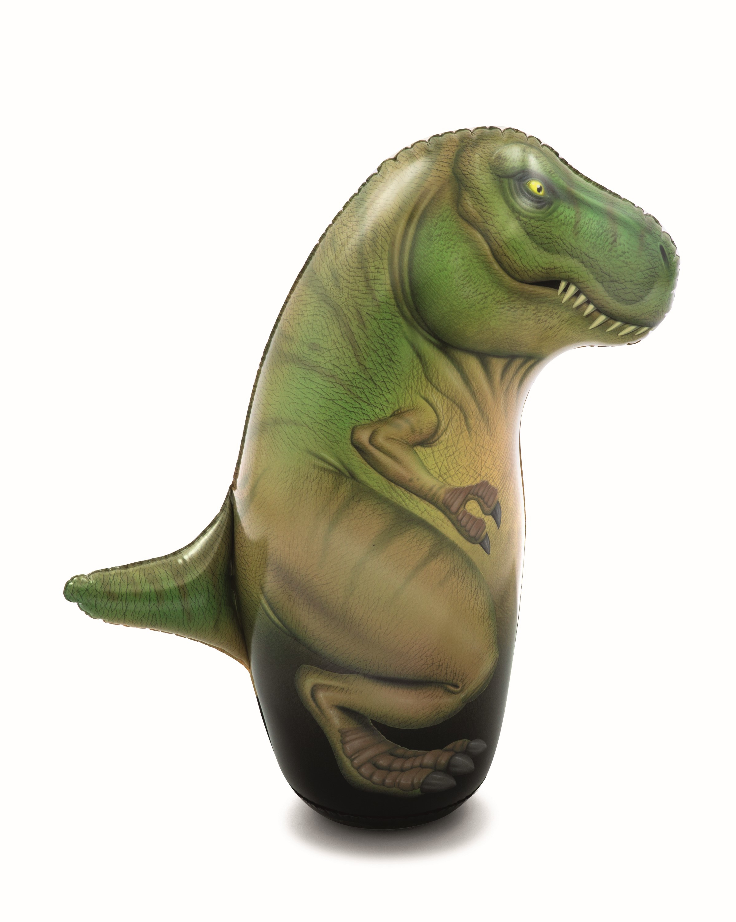 Zielony balon Tyrannosaurus Rex. Ma szczegółowe ciało i głowę. Tło jest białe.