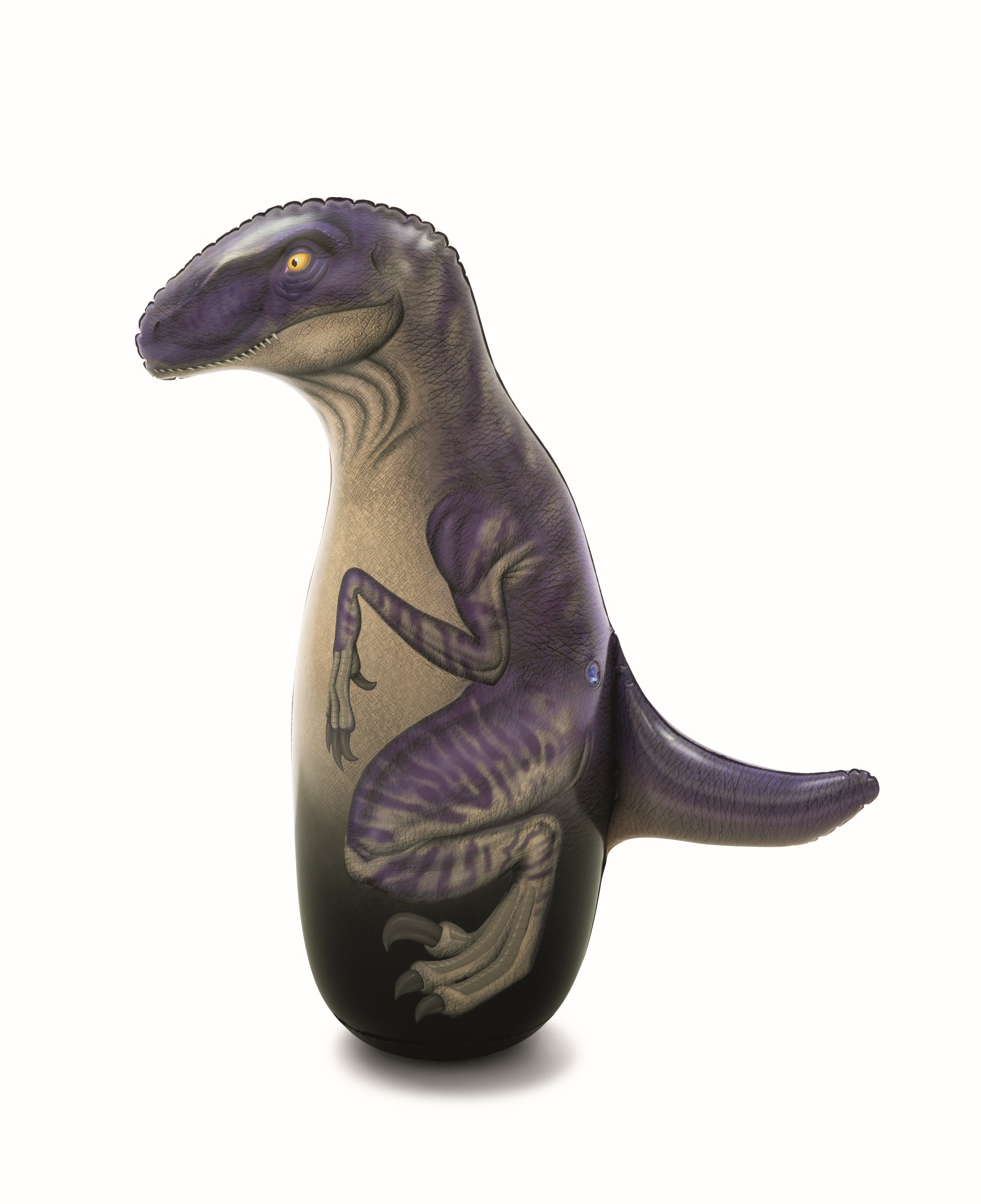 Nadmuchiwana fioletowa zabawka dinozaura z żółtymi oczami na białym tle.