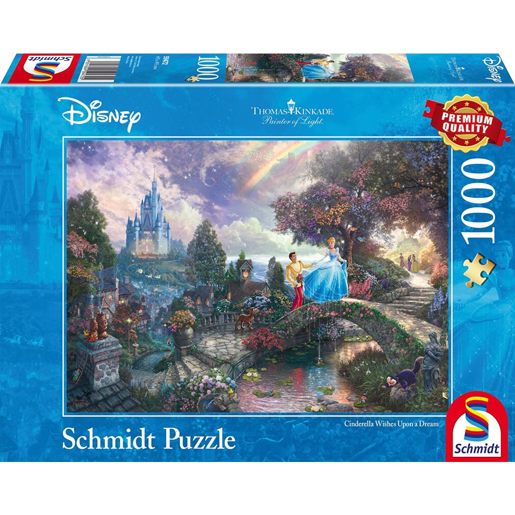 Eine Cinderella-Puzzle-Box. Sie zeigt Aschenputtel und Prinz Charming auf einer Brücke, ein Schloss im Hintergrund und die Worte 'Disney' und 'Schmidt'.