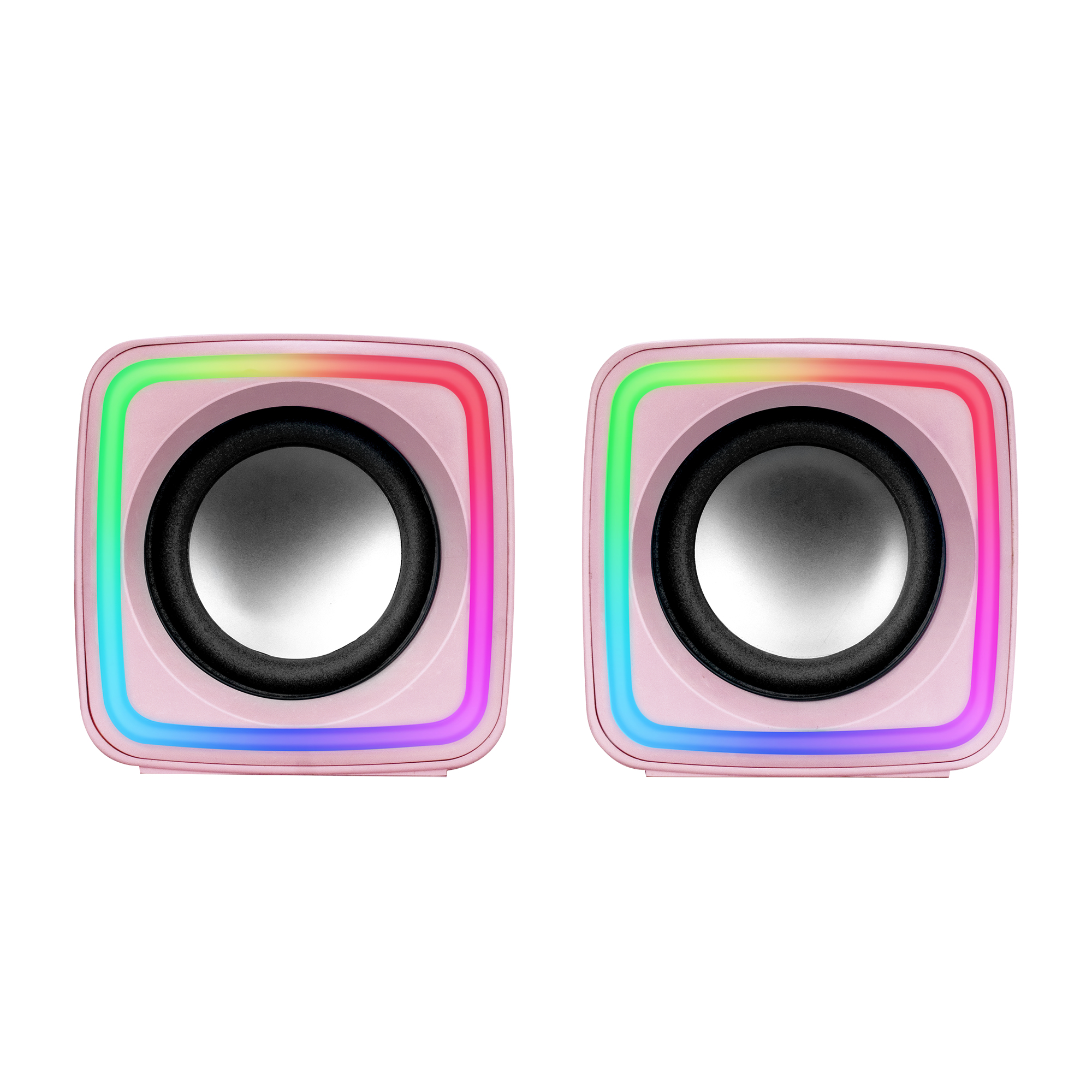 Dos altavoces cuadrados rosas con luces LED de colores en los bordes. Conos de altavoz negros y fondo blanco.