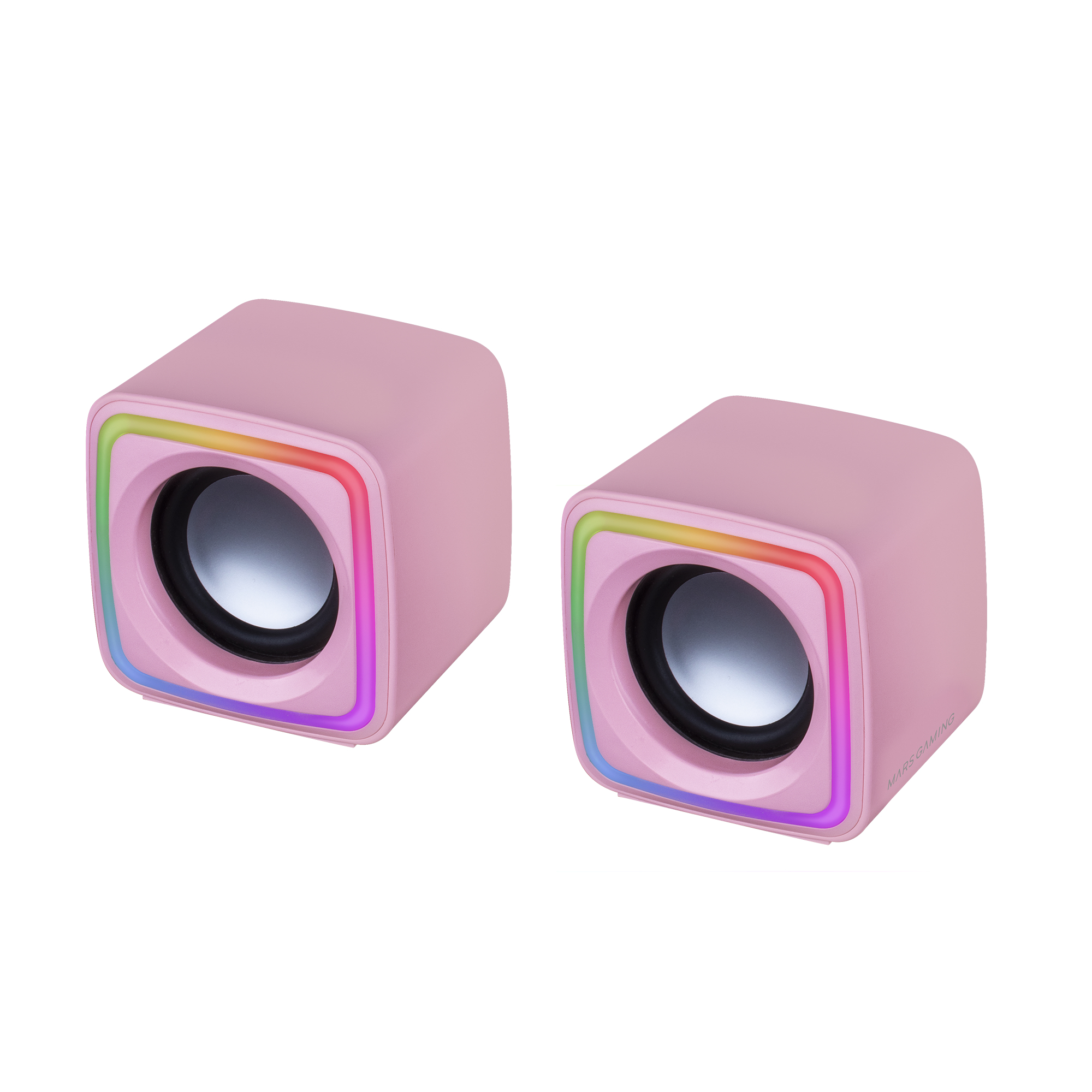 Dos altavoces rosas y cuadrados con contornos LED arcoíris. Cada uno tiene un altavoz y la marca 'Mars Gaming'.