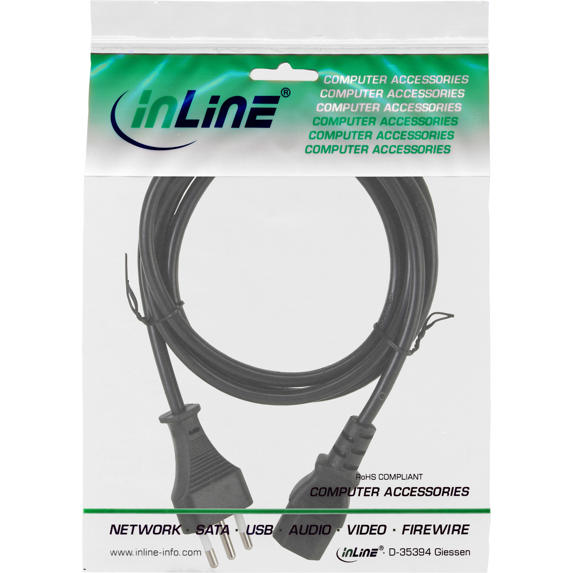 Ein schwarzes Netzkabel in einer transparenten Plastikverpackung mit dem 'inLine'-Logo und Text.