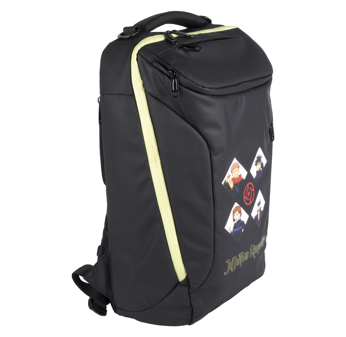 Black backpack with yellow accents, anime character images, and a handle. 'Jujutsu Kaisen' text is visible.