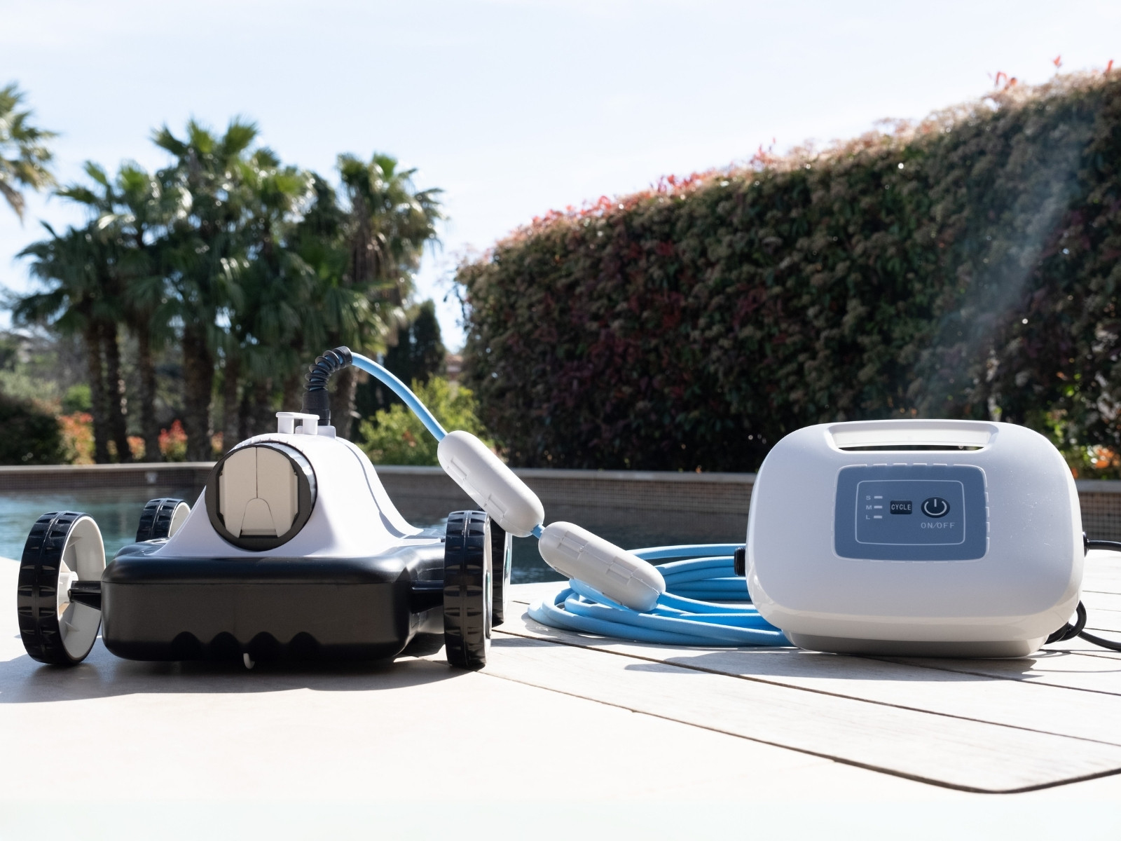 Un robot limpiador de piscinas y una unidad de control están en una cubierta. Palmeras y un seto en el fondo. La manguera azul los conecta.