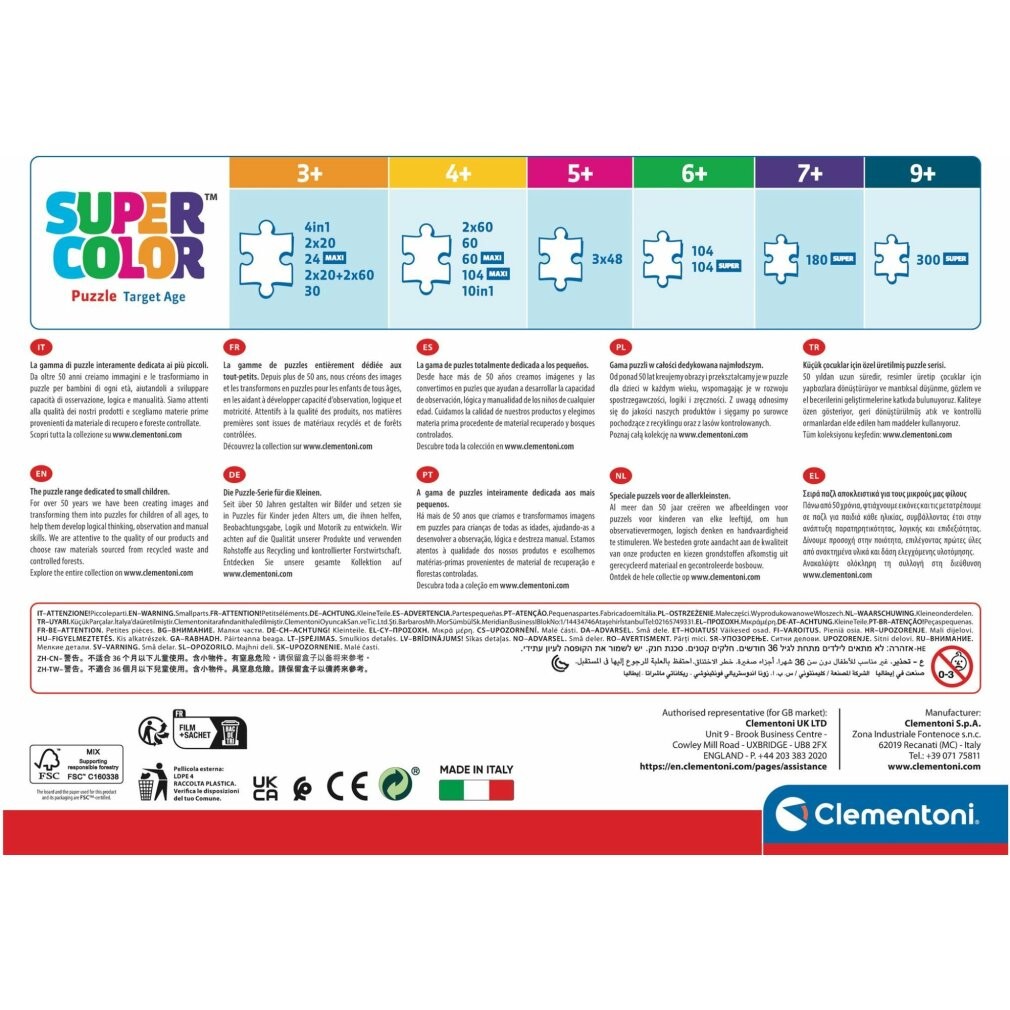 Pudełko z puzzlami z kolorowym tekstem i obrazkami puzzli, przedziałami wiekowymi i ostrzeżeniami.