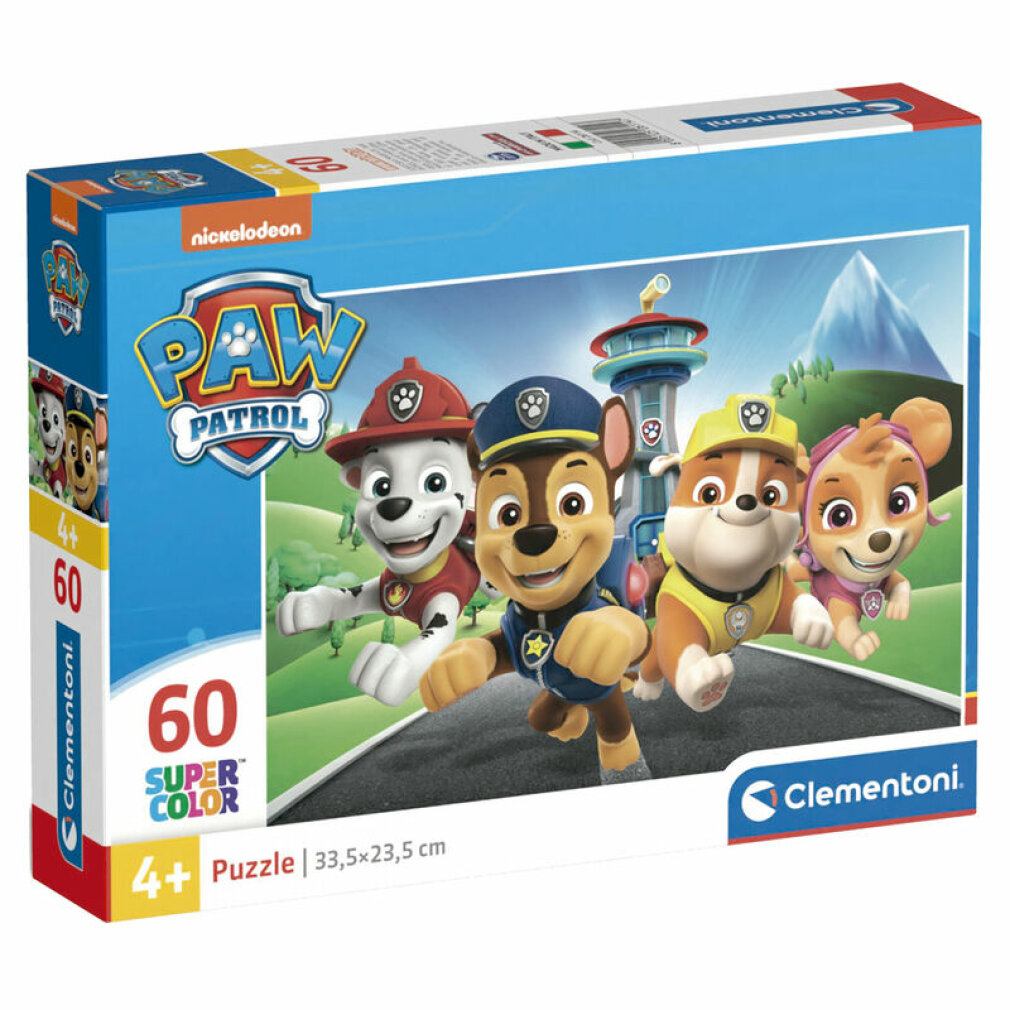 Una scatola di puzzle Paw Patrol. La scatola mostra i personaggi di Paw Patrol. La scatola dice 60 Super Color puzzle, 4+ e Clementoni.