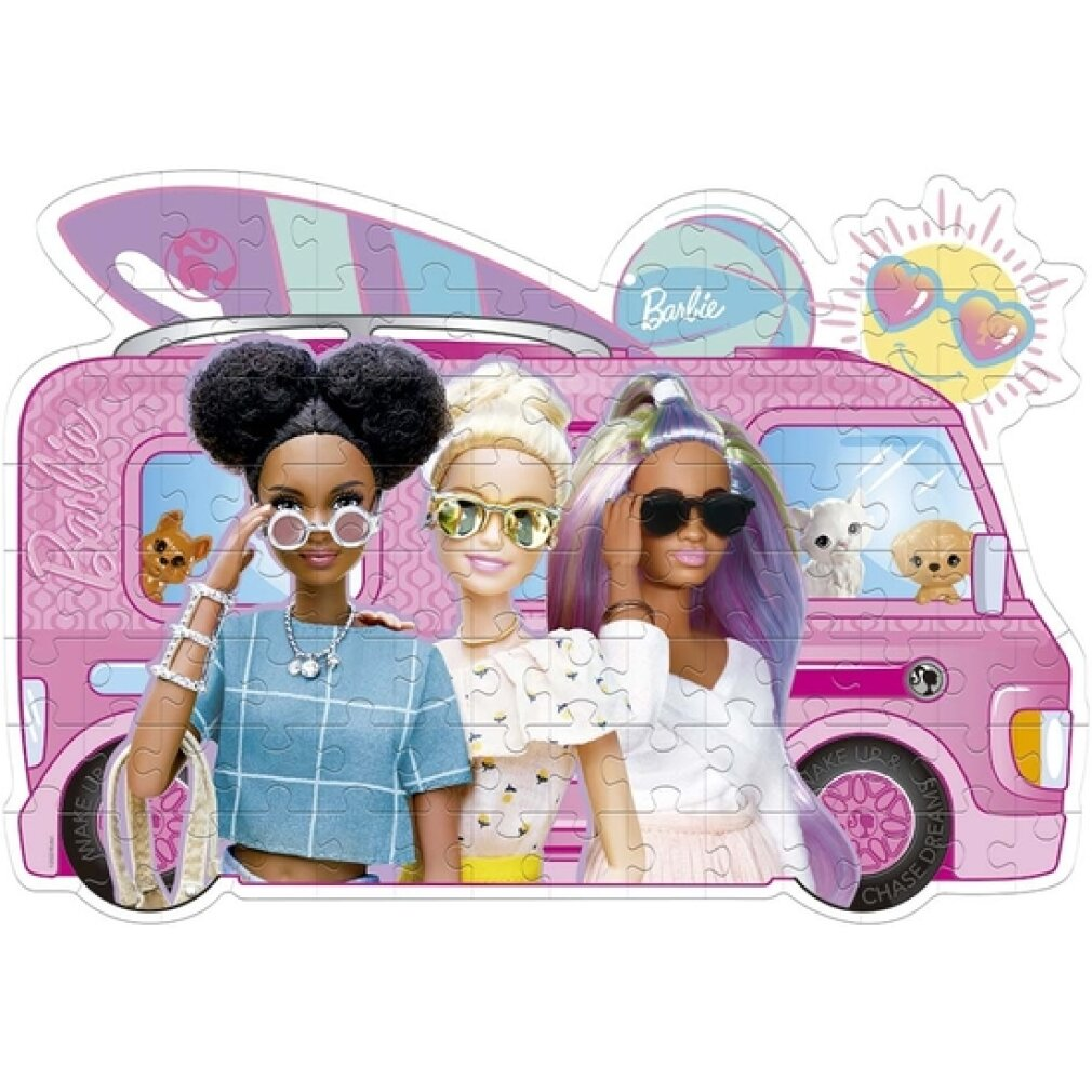 Puzzle Barbie. Trzy lalki w różowym vanie, w okularach przeciwsłonecznych. Widoczne małe psy i deska surfingowa. Słońce i okulary w kształcie serca.