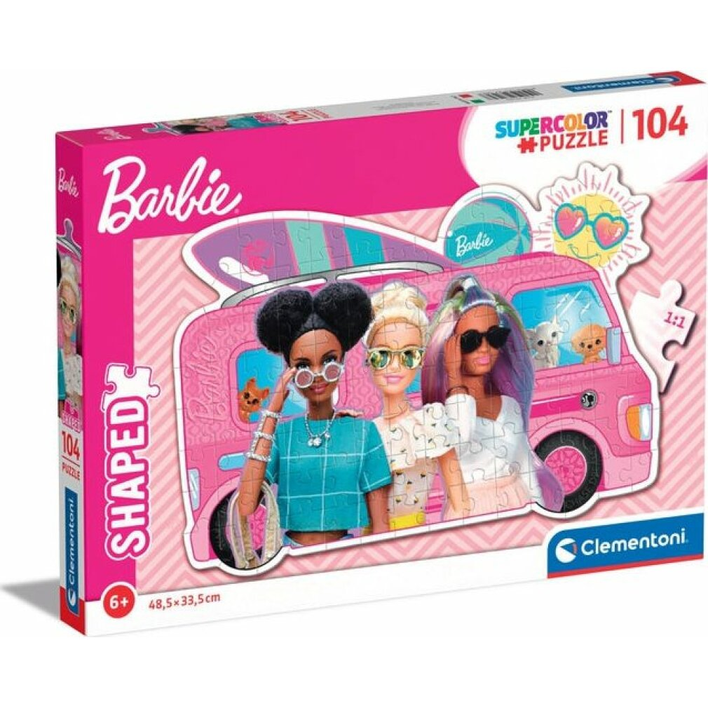 Pudełko z puzzlami Barbie. Trzy lalki w różowym vanie. Na pudełku napis 'Barbie' i 'Supercolor Puzzle'. Puzzle mają 104 elementy.