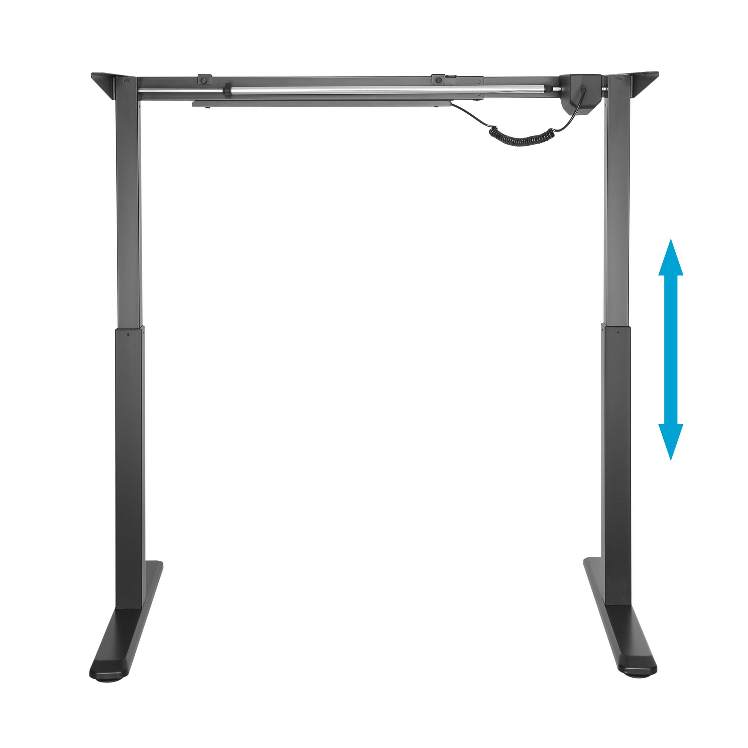 Un marco de escritorio ajustable en altura en negro. Tiene dos patas, una barra transversal y un cable de control. Una flecha indica el ajuste de altura.