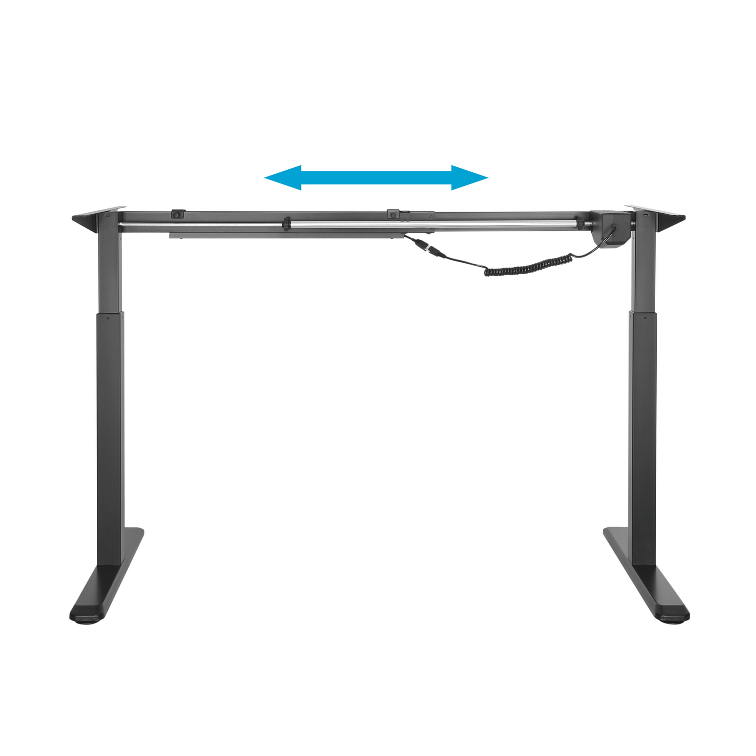 Un escritorio negro de altura ajustable con una flecha azul que indica movimiento horizontal. Se ven cables. El fondo es blanco.