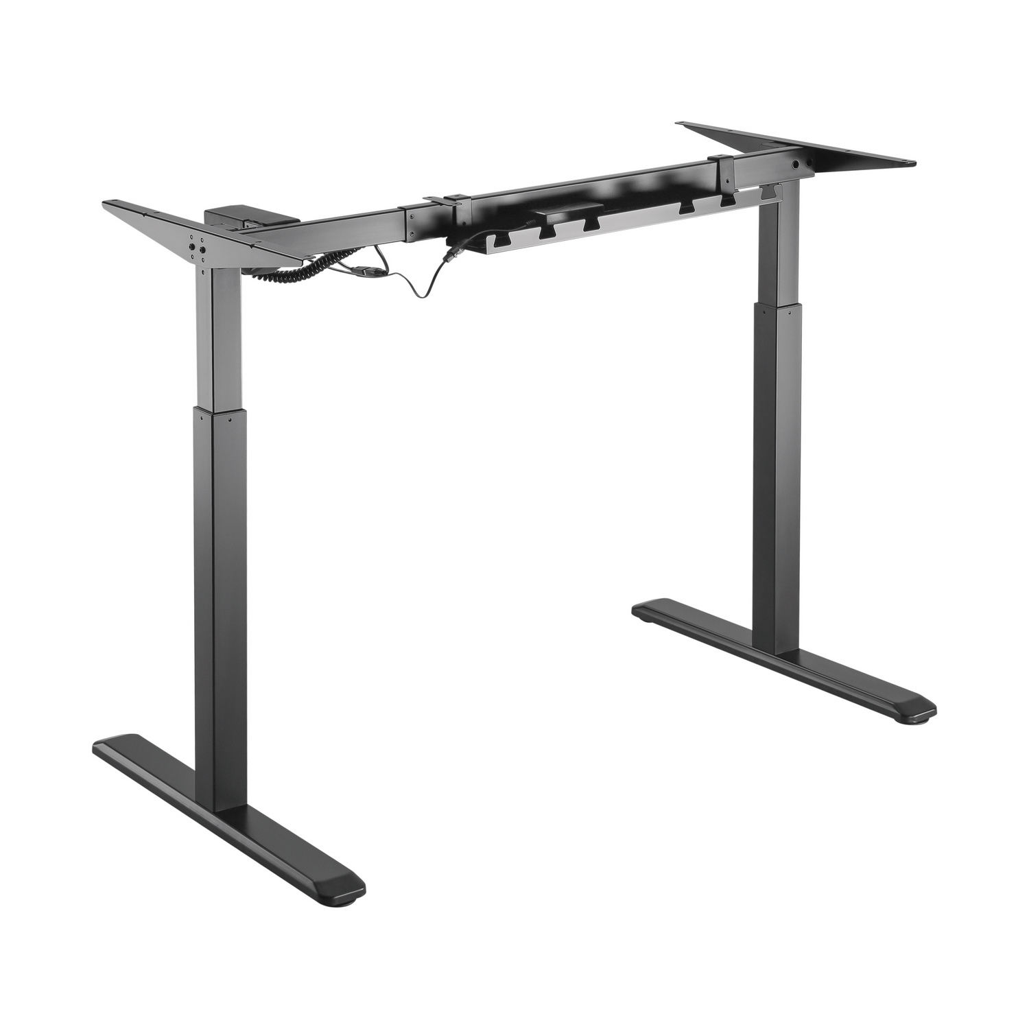 Un marco de escritorio ajustable en altura. Es negro, con dos patas y un marco para sujetar la mesa. Los cables son visibles.