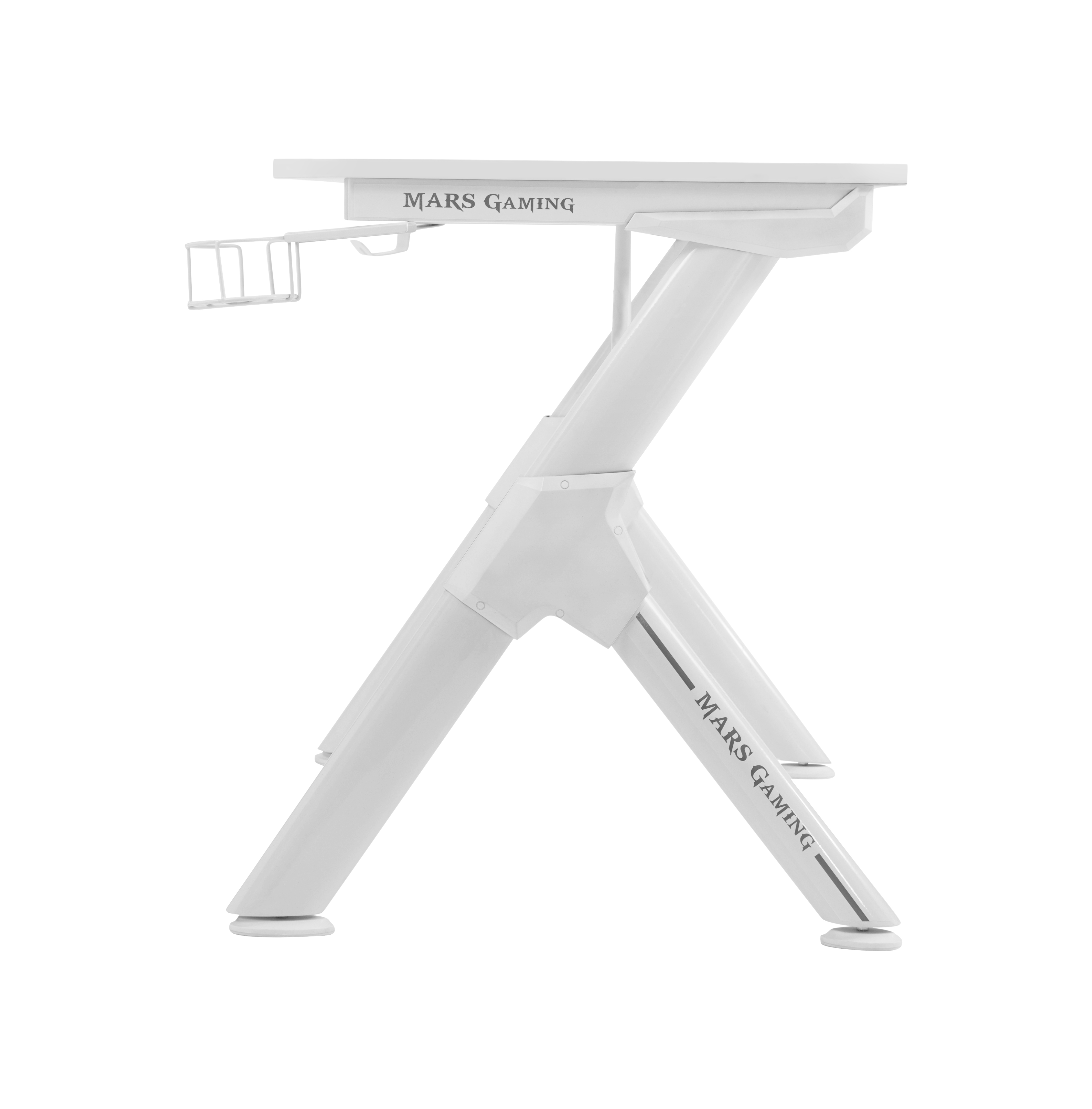 Escritorio gaming blanco Mars Gaming. Tiene mesa, cesta metálica y patas en forma de cruz para estabilidad.