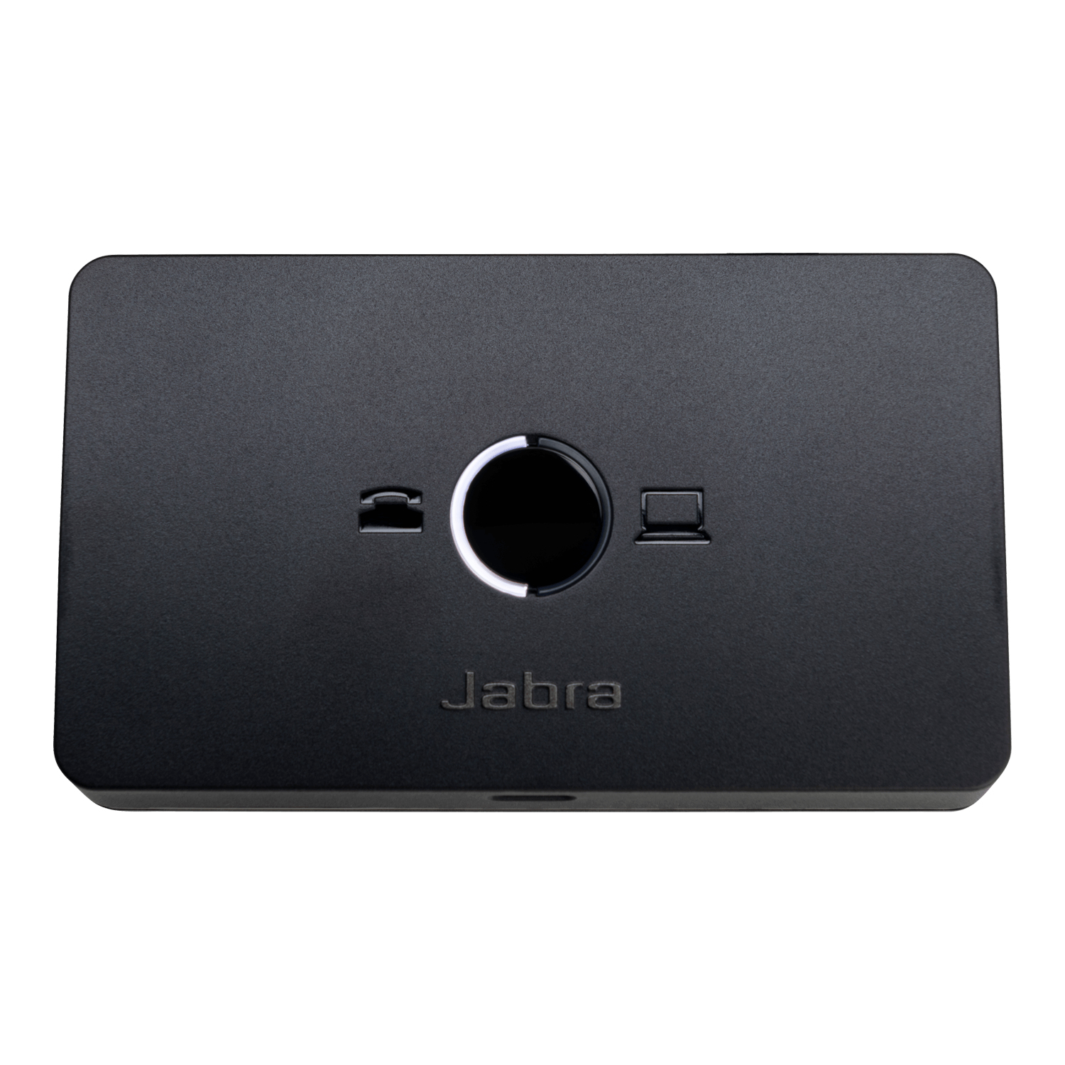 Dispositivo Jabra negro con un círculo central e iconos. Tiene un icono de teléfono y portátil. La marca Jabra es visible.