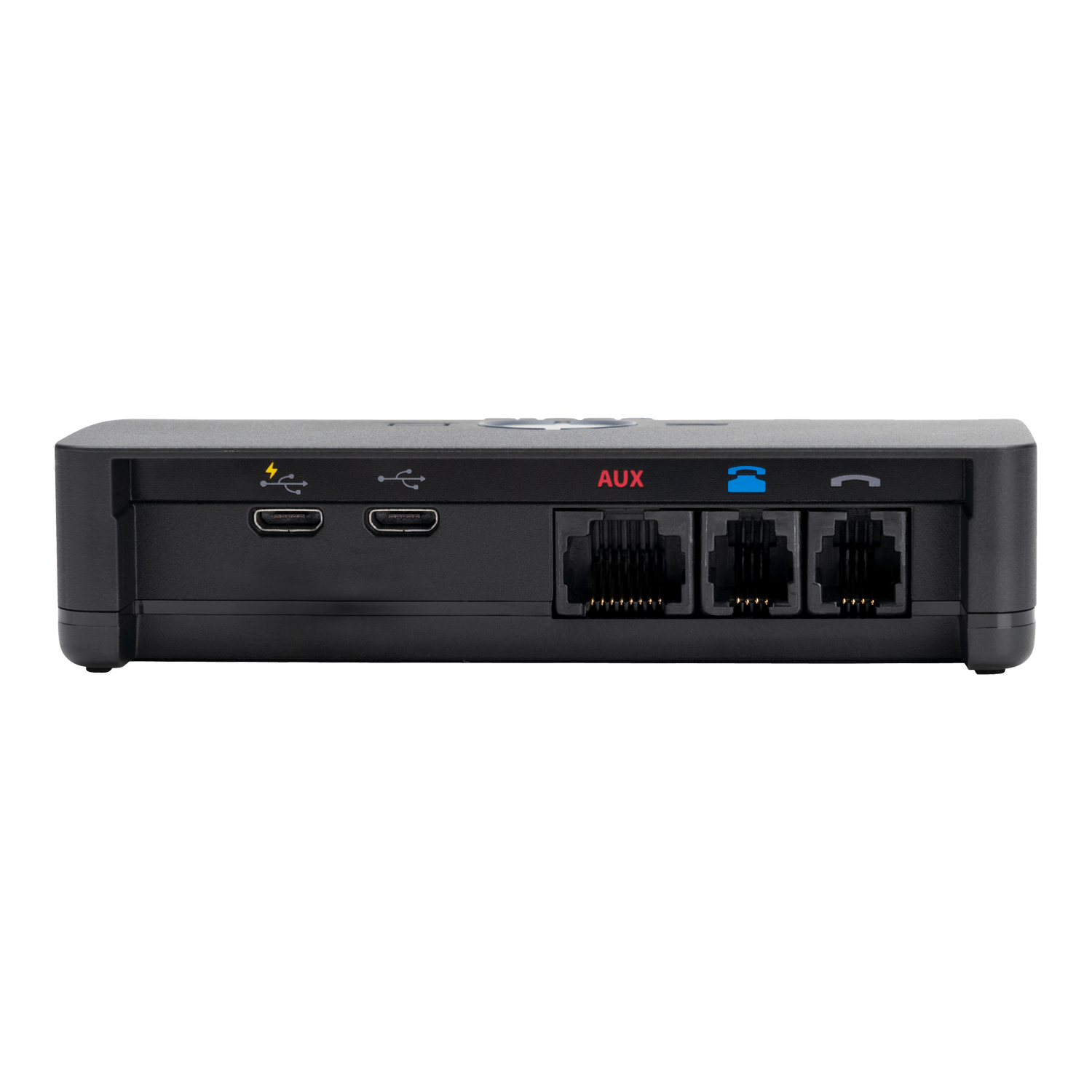 Dispositivo negro con puertos para AUX, teléfono y USB. Está sobre un fondo blanco. Hay varios puertos.