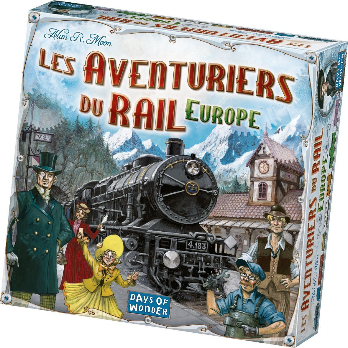 Illustrazione della scatola di 'Les Aventuriers du Rail Europe'. Un treno a vapore, persone in abiti d'epoca e montagne sullo sfondo.
