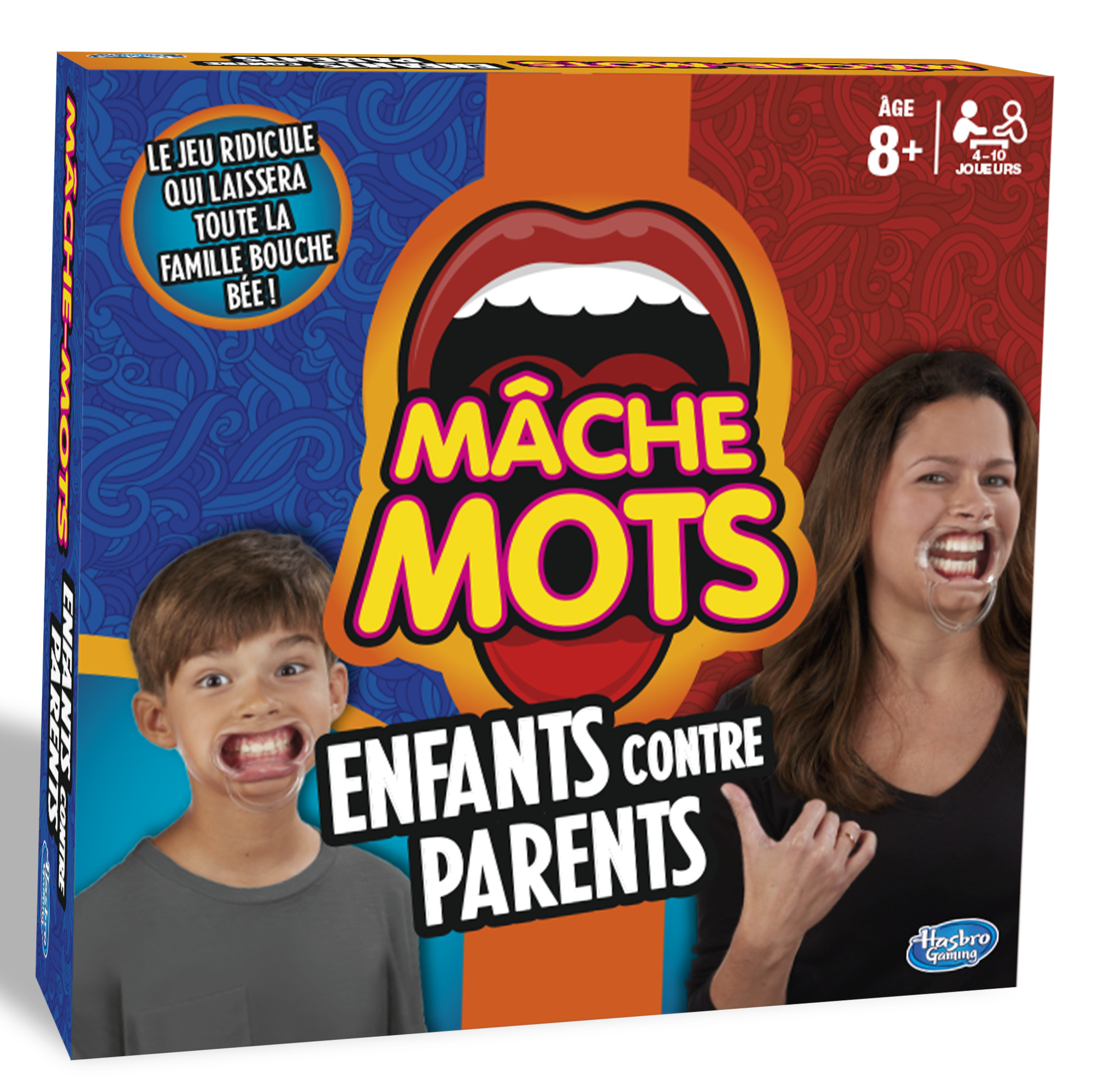 Scatola di gioco con bambino e donna con boccagli. Il gioco si chiama Mâche Mots. La scatola ha testo in francese.