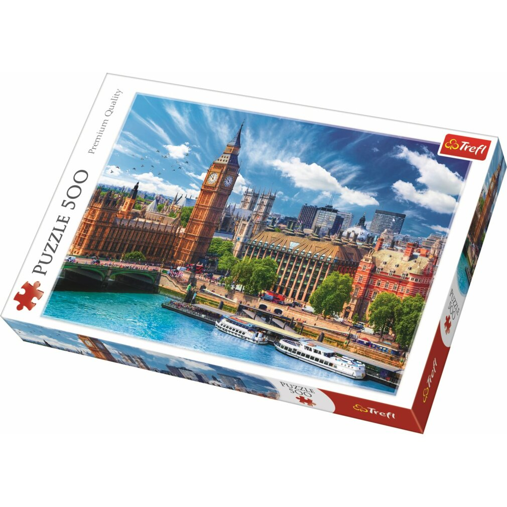 Pudełko z puzzlami z Londynu. Big Ben, budynki, rzeka, łodzie i błękitne niebo z chmurami. Na pudełku napis 'Puzzle 500'.