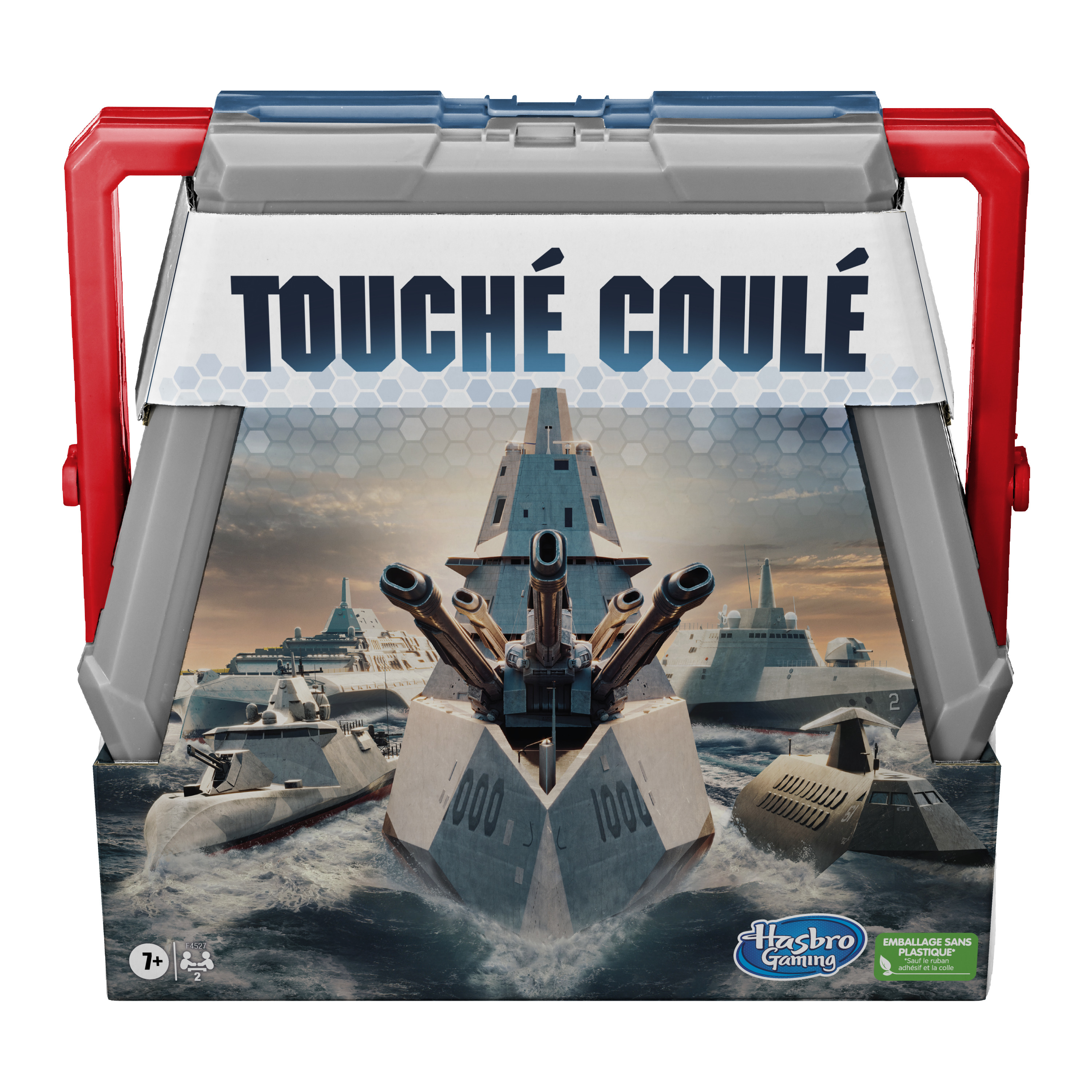 Battleship-Spielbox mit Schiffsillustration. Der Titel lautet 'TOUCHÉ COULÉ'. Rote Griffe oben.