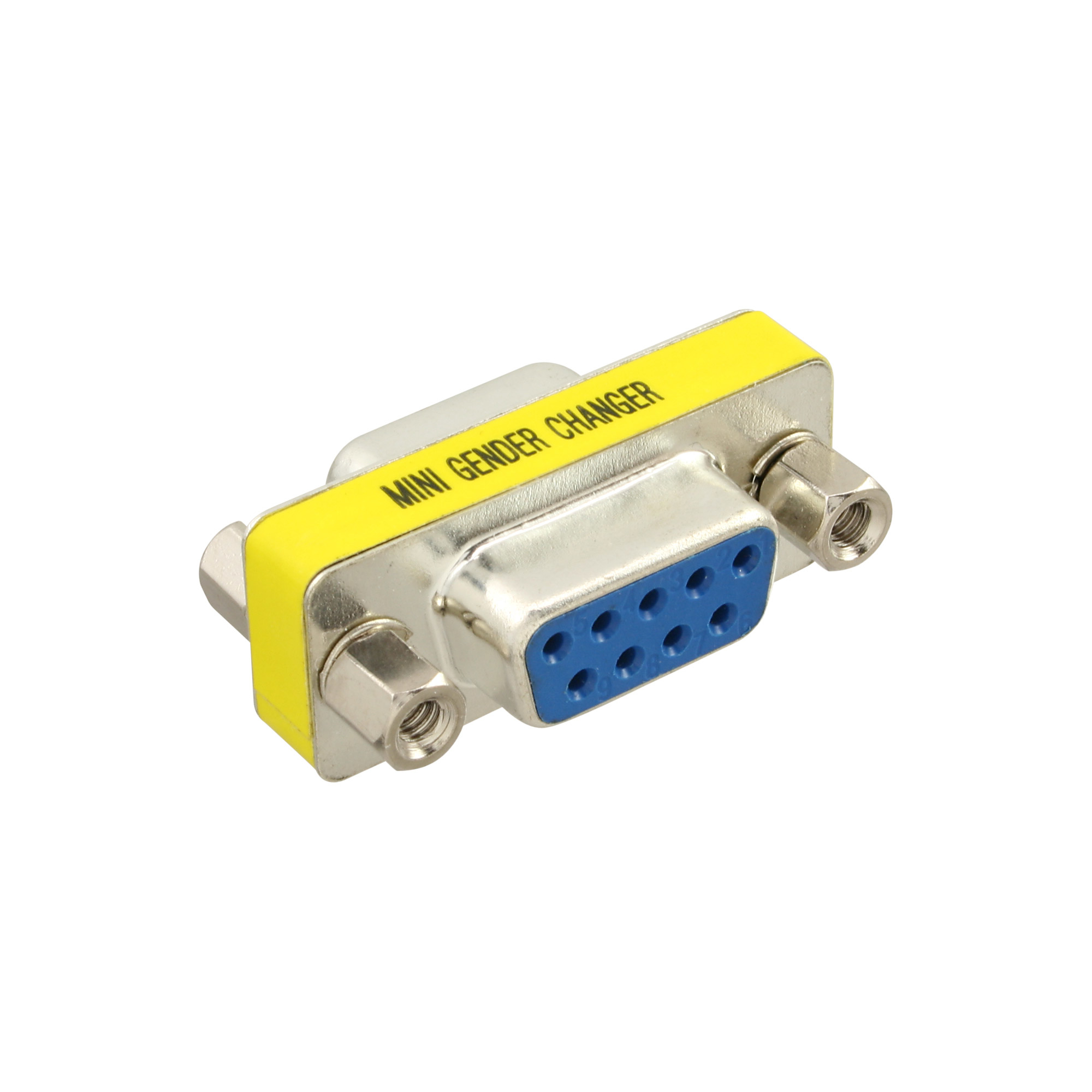 Ein Mini-Gender-Changer mit einem gelben Etikett mit der Aufschrift MINI GENDER CHANGER. Es hat einen blauen Stecker und Silbermetall.
